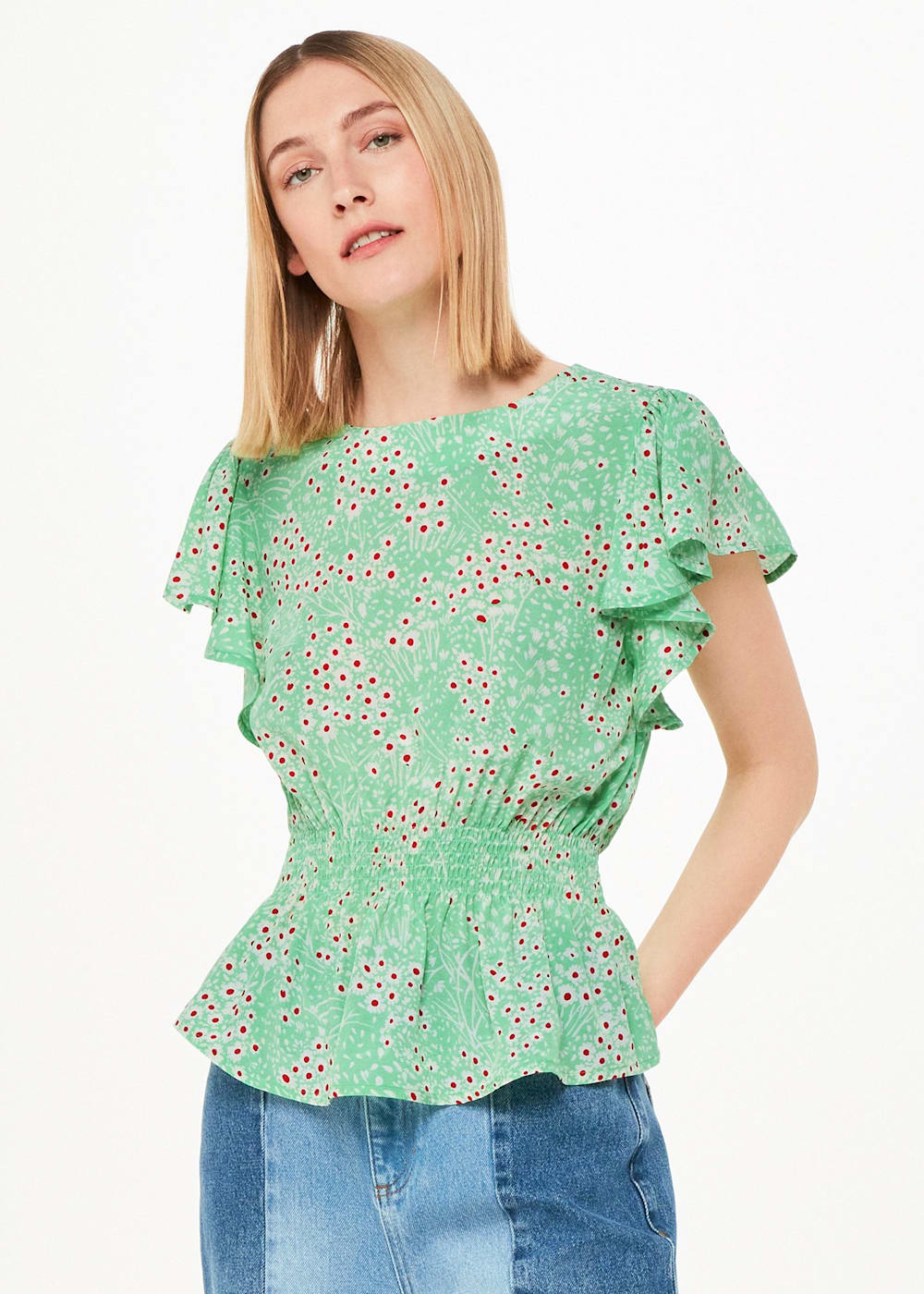 Green/Multi Daisy Meadow Frill Sleeve Top | WHISTLES | Whistles US |