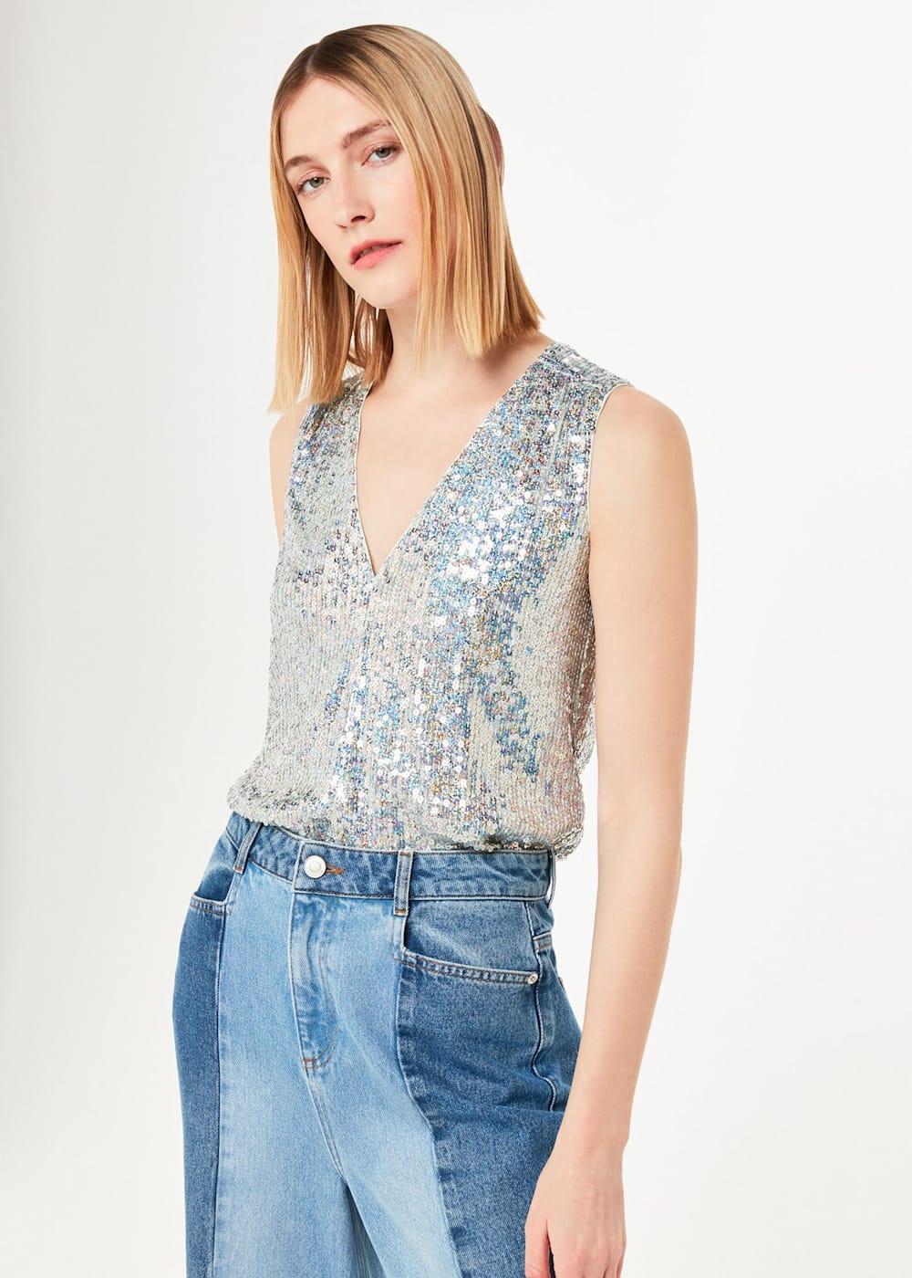 Silver Sequin Sleeveless V Neck Vest Top Whistles Whistles US