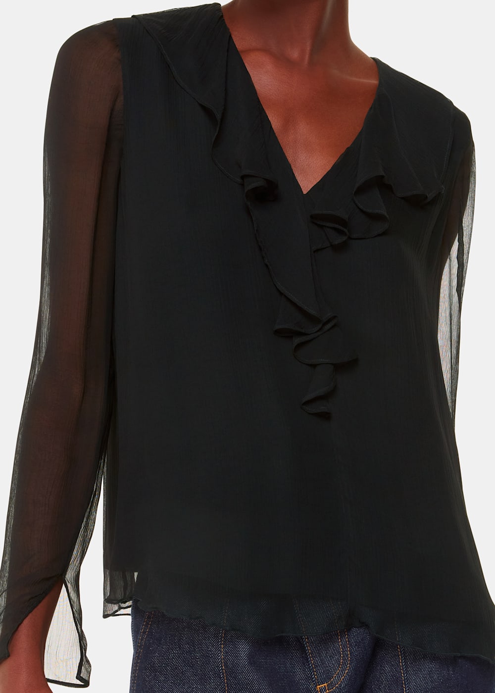 Black ruffle neck blouse shop
