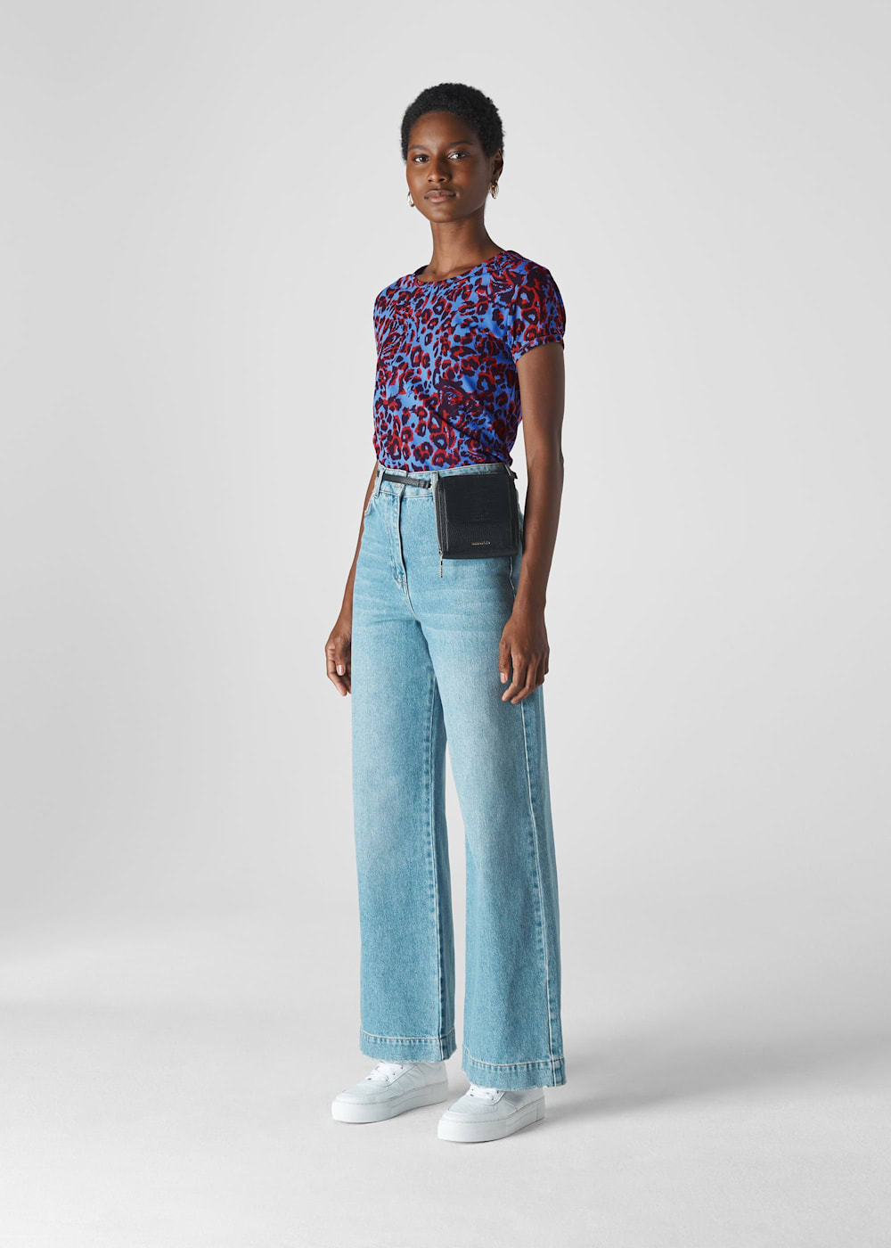 Blue Jungle Cat Print Mesh Top