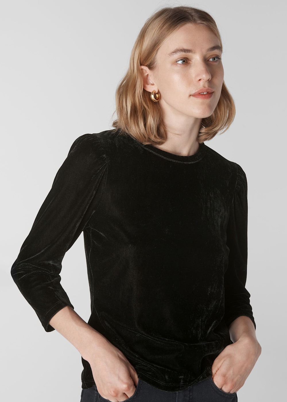 Black Puff Sleeve Velvet Top WHISTLES Whistles UK