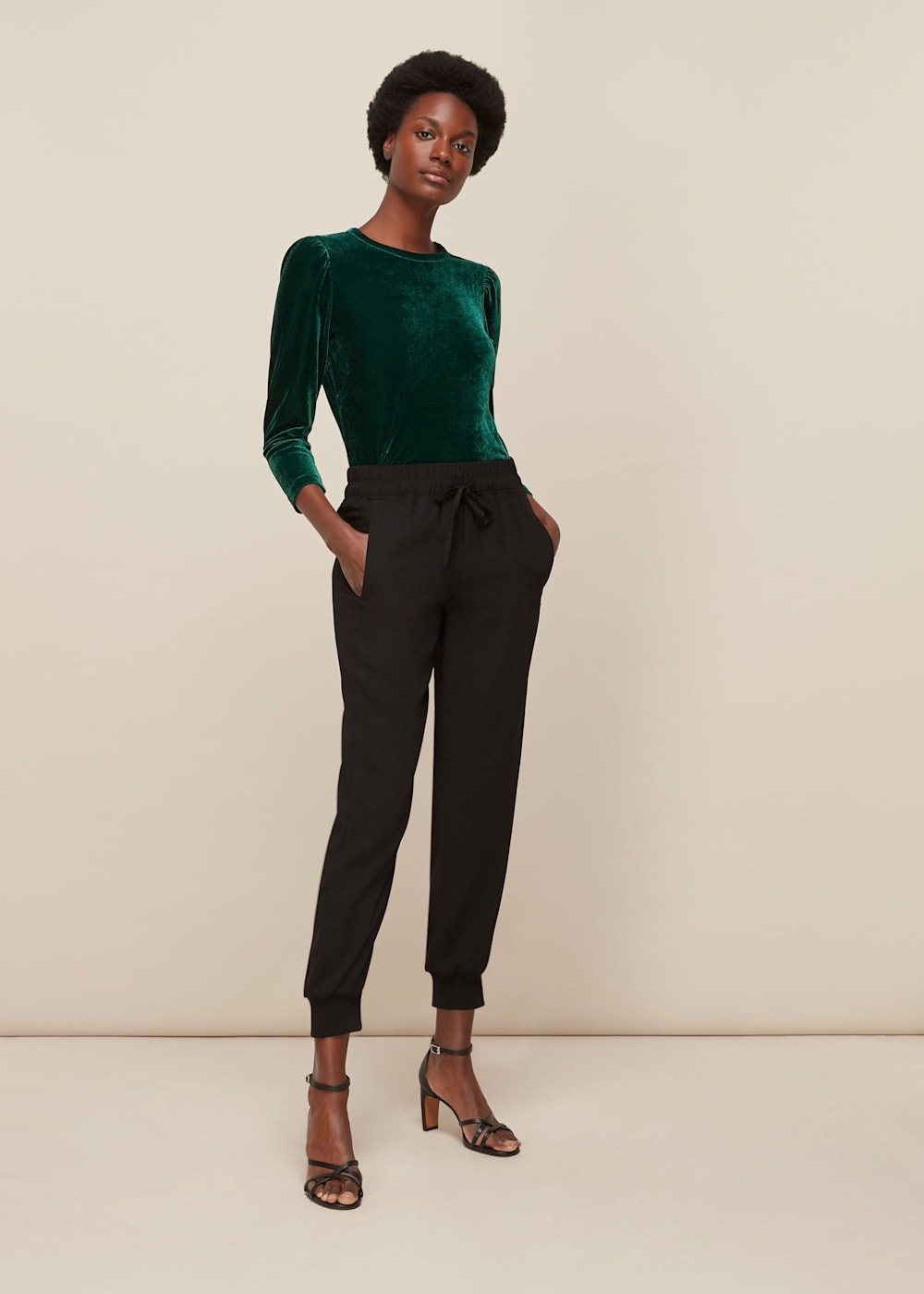 Dark Green Puff Sleeve Velvet Top WHISTLES Whistles UK