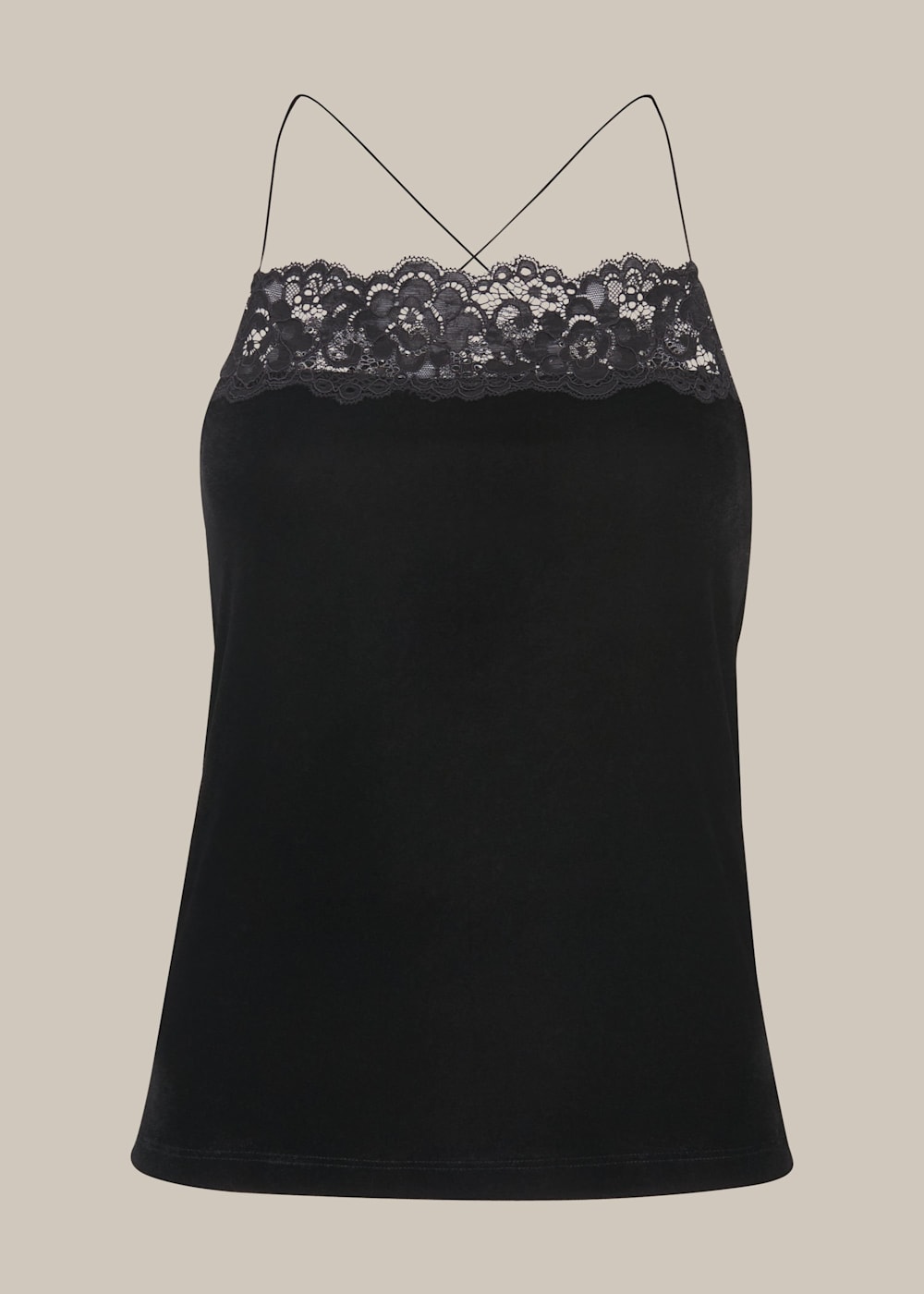【送料込】 Black | US Whistles | WHISTLES | Top Cami Trim Lace Velvet トップス