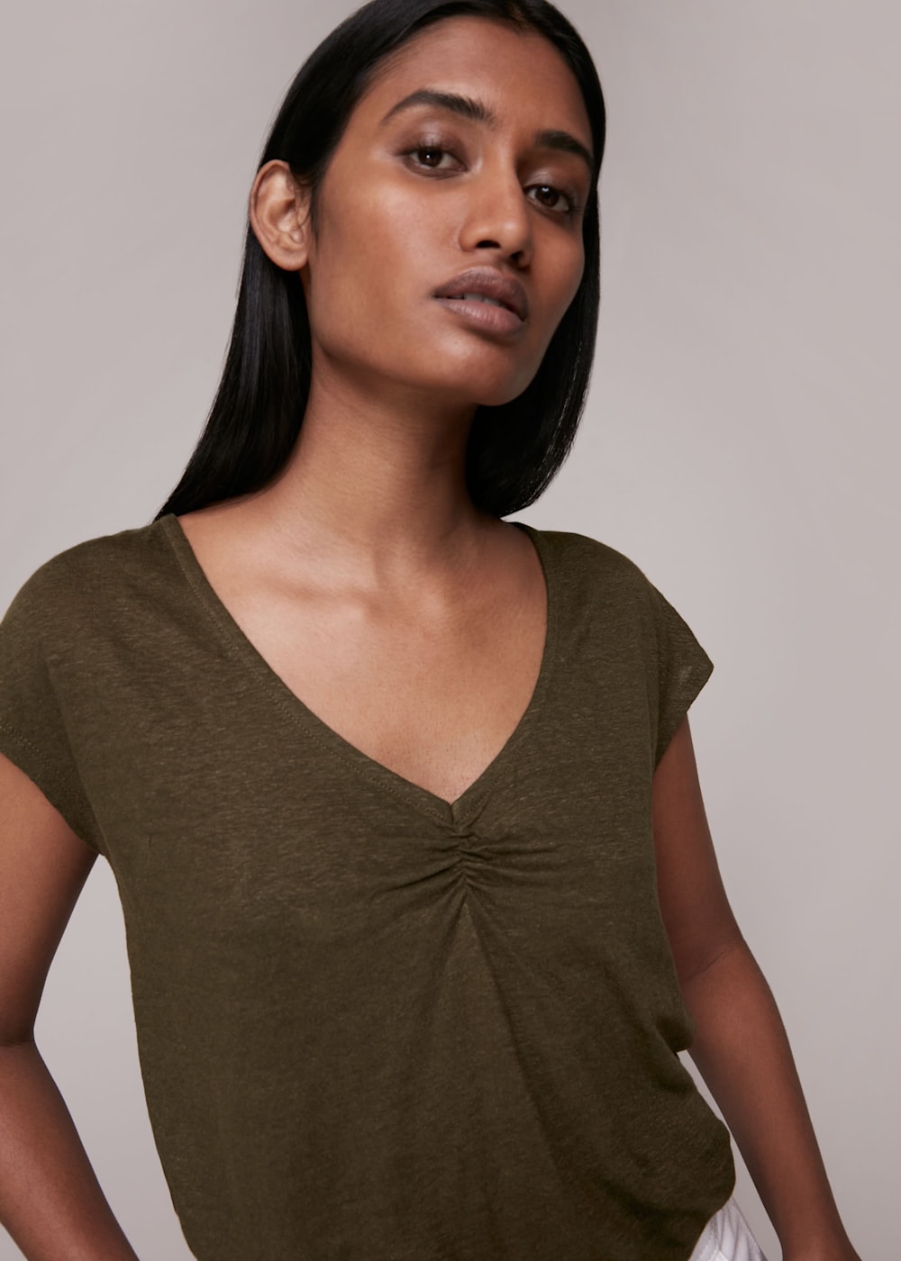 Khaki Ruched V Neck Linen Tee WHISTLES Whistles UK