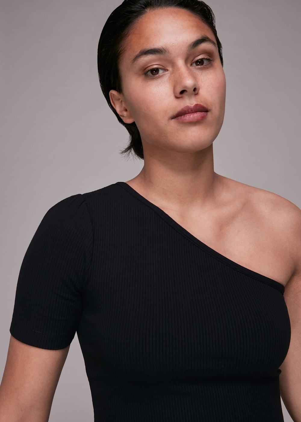 Black ribbed one shoulder top cheap