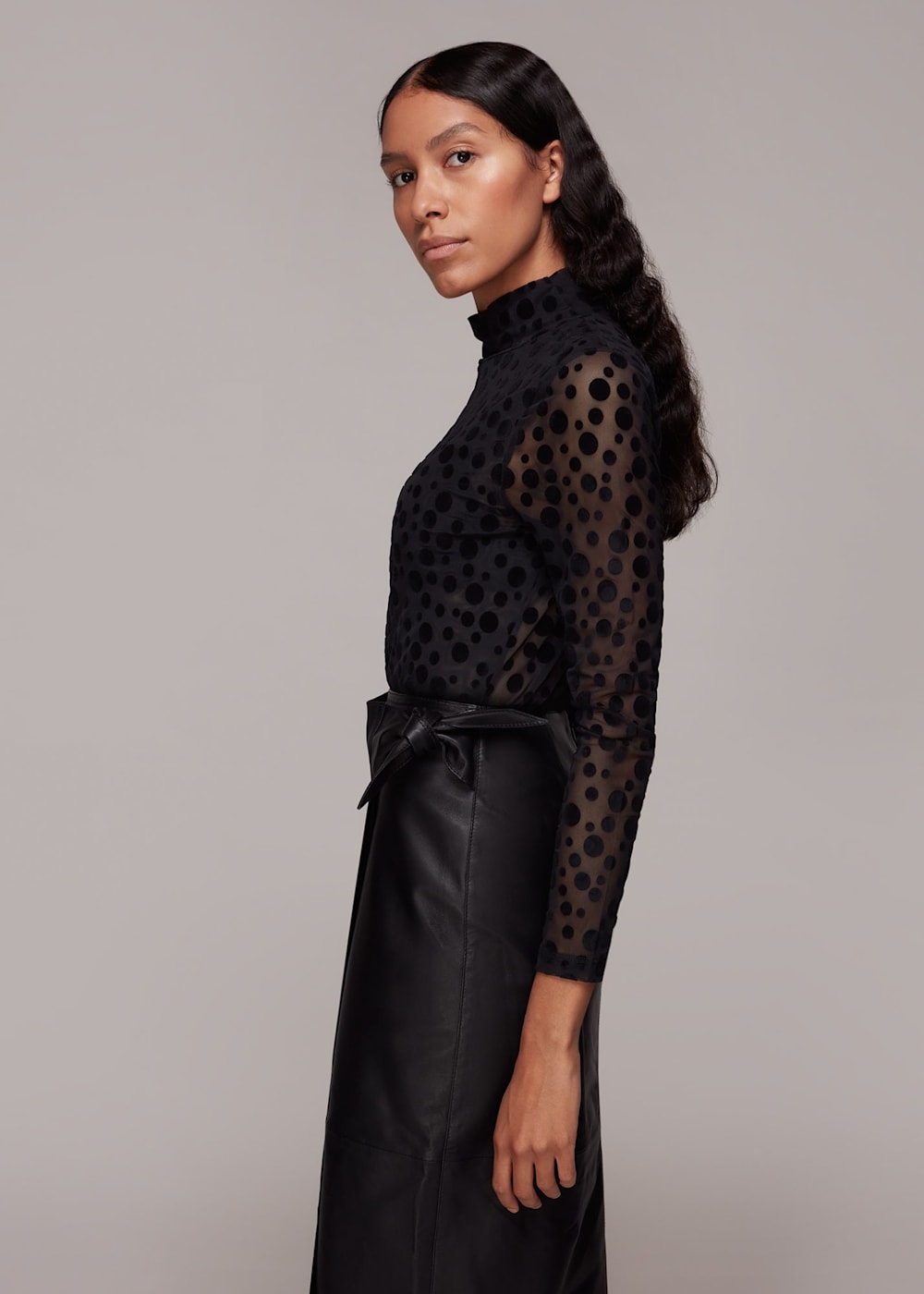 Black Mesh Mixed Spot Top | WHISTLES | Whistles US |