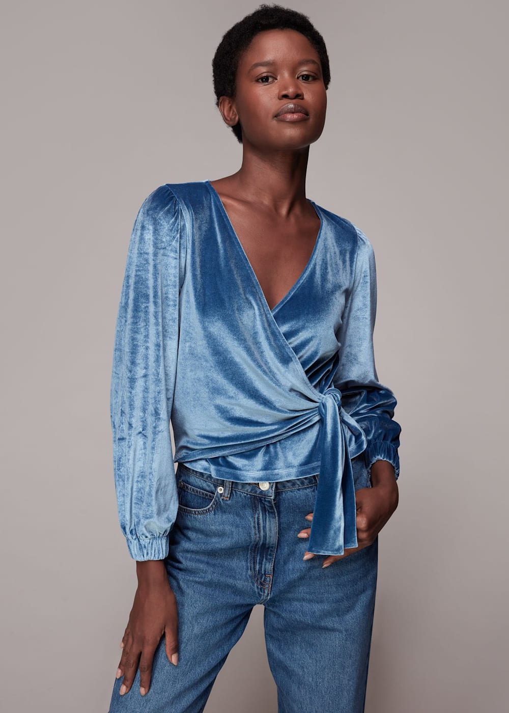 Blue Velvet V Neck Wrap Top WHISTLES Whistles UK