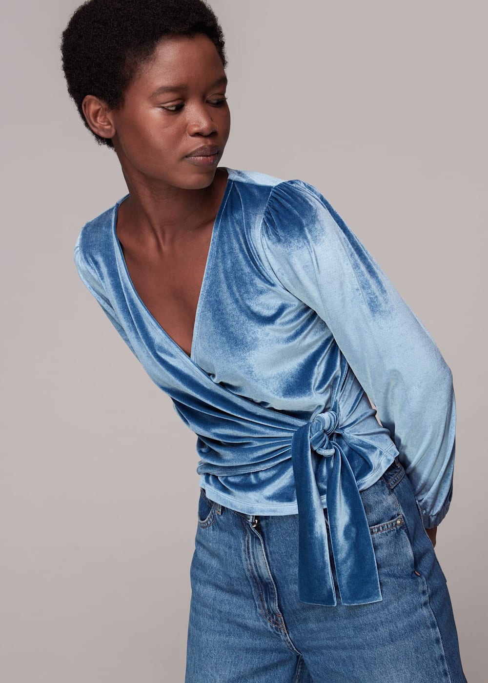 Blue satin wrap top shop