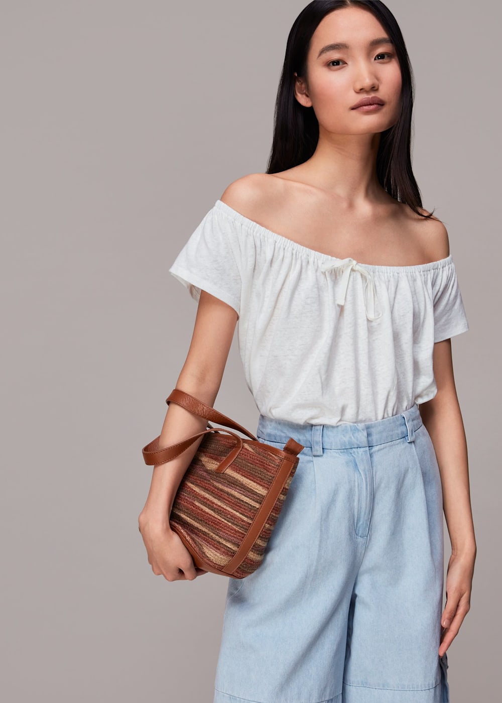 White Drawstring Linen Bardot Top WHISTLES Whistles UK