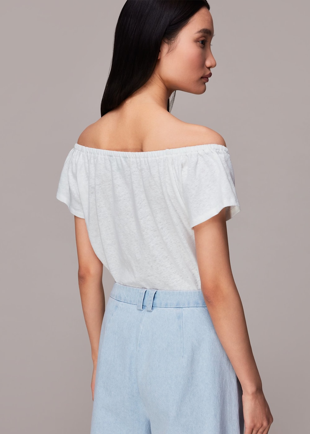 White Drawstring Linen Bardot Top WHISTLES Whistles UK
