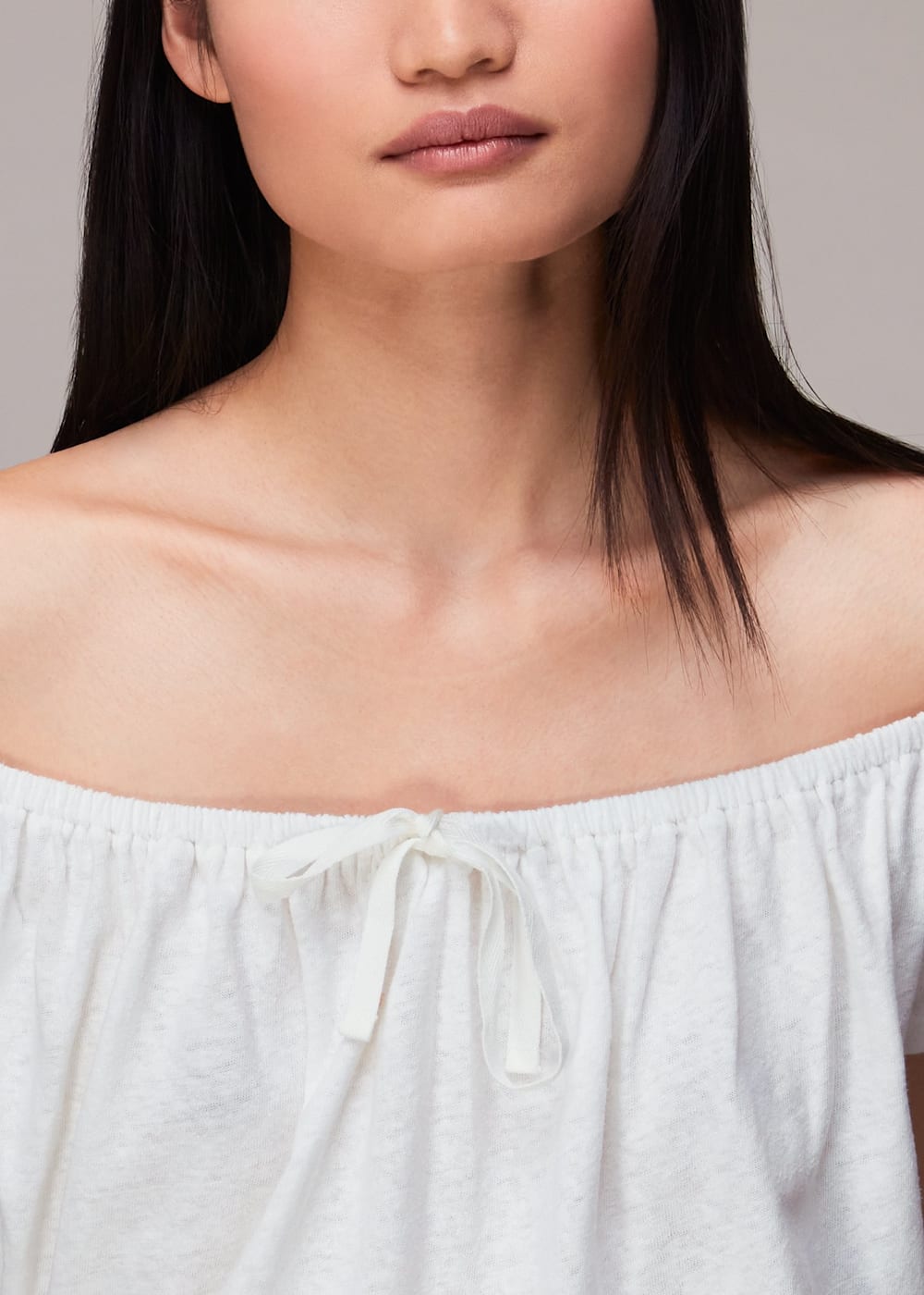 White Drawstring Linen Bardot Top WHISTLES Whistles UK