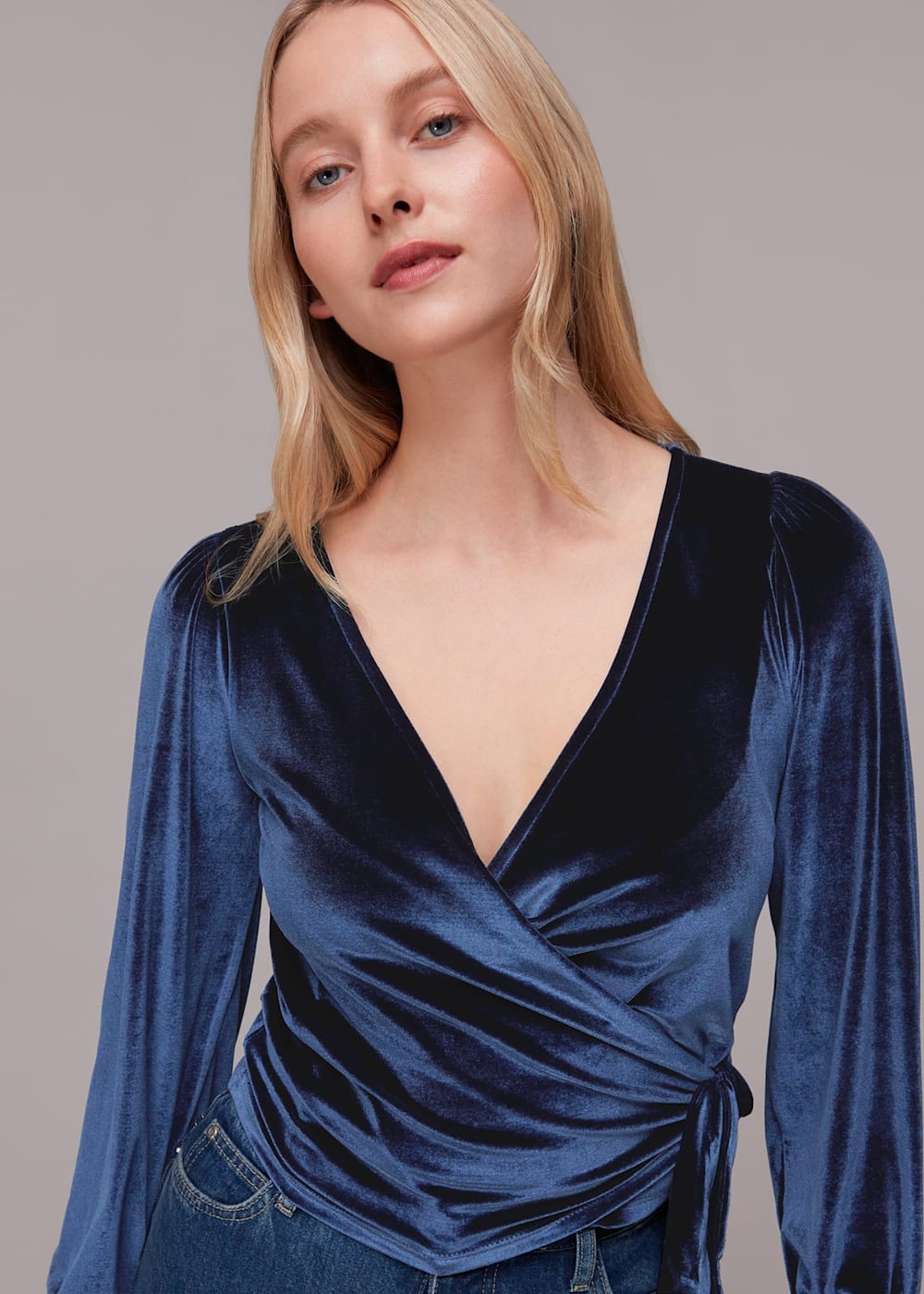Navy Velvet V Neck Wrap Top WHISTLES Whistles UK