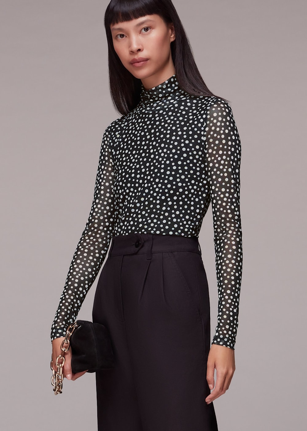 Black Multi Roll Neck Spot Mesh Top WHISTLES Whistles UK