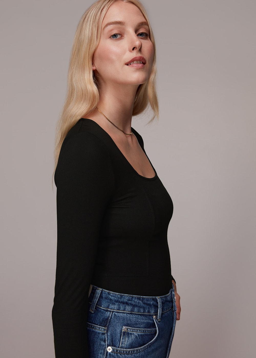 Black Square Neck Long Sleeve Top | WHISTLES | Whistles US |