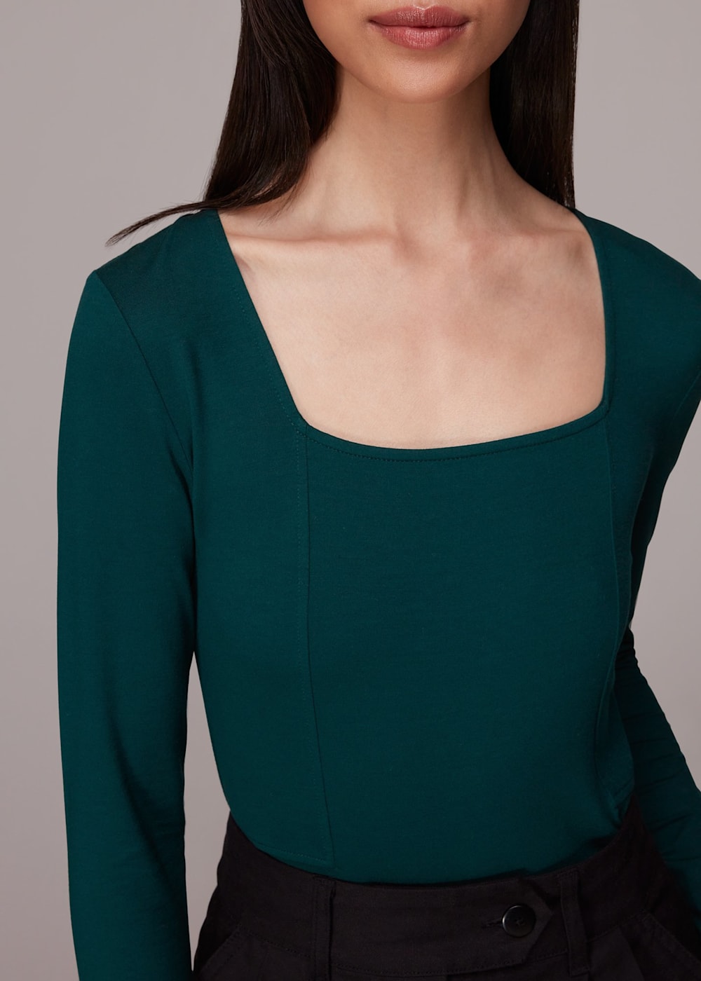 Dark Green Square Neck Long Sleeve Top | WHISTLES | Whistles