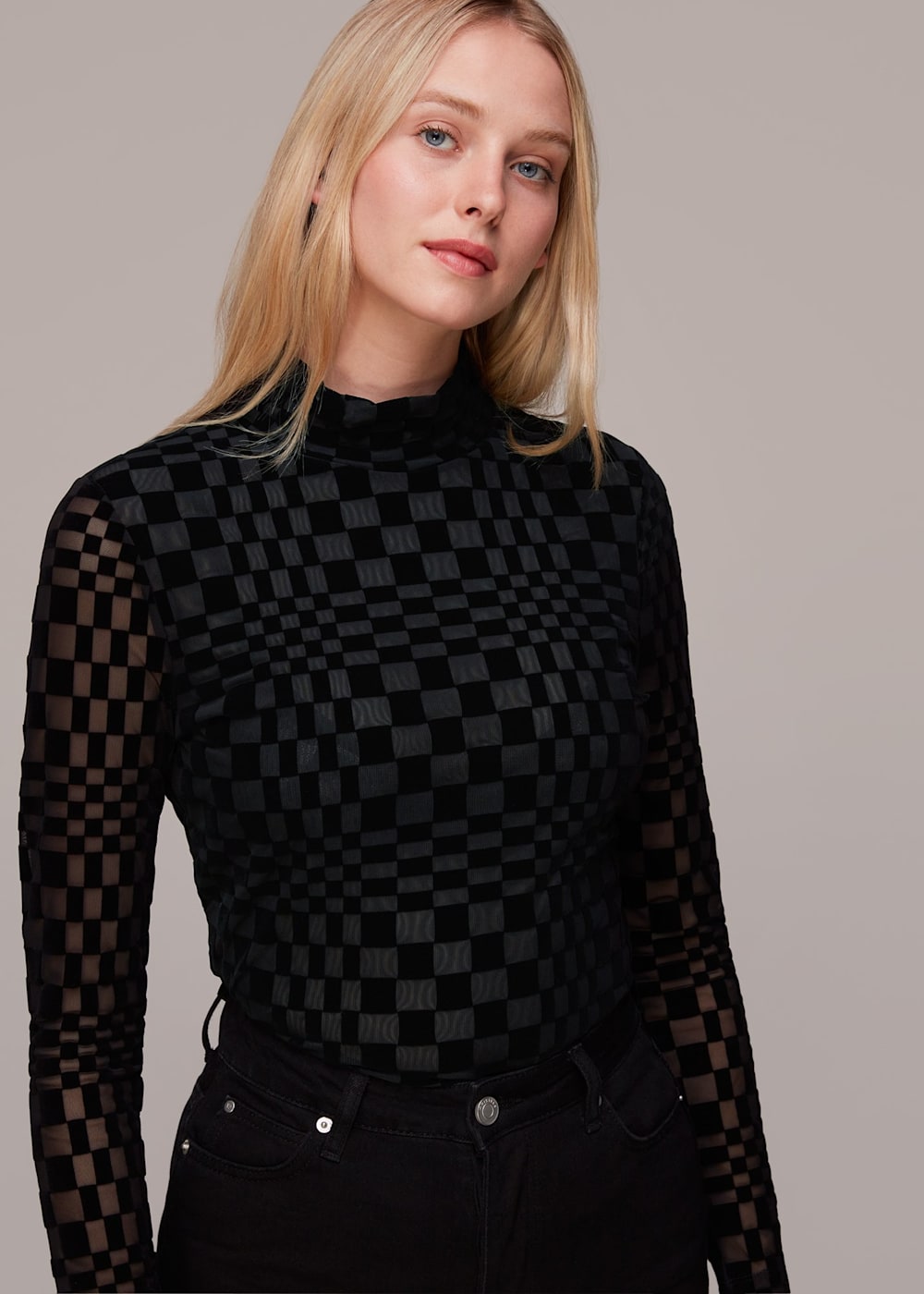Black Illusion Checked Mesh Top | WHISTLES | Whistles UK |