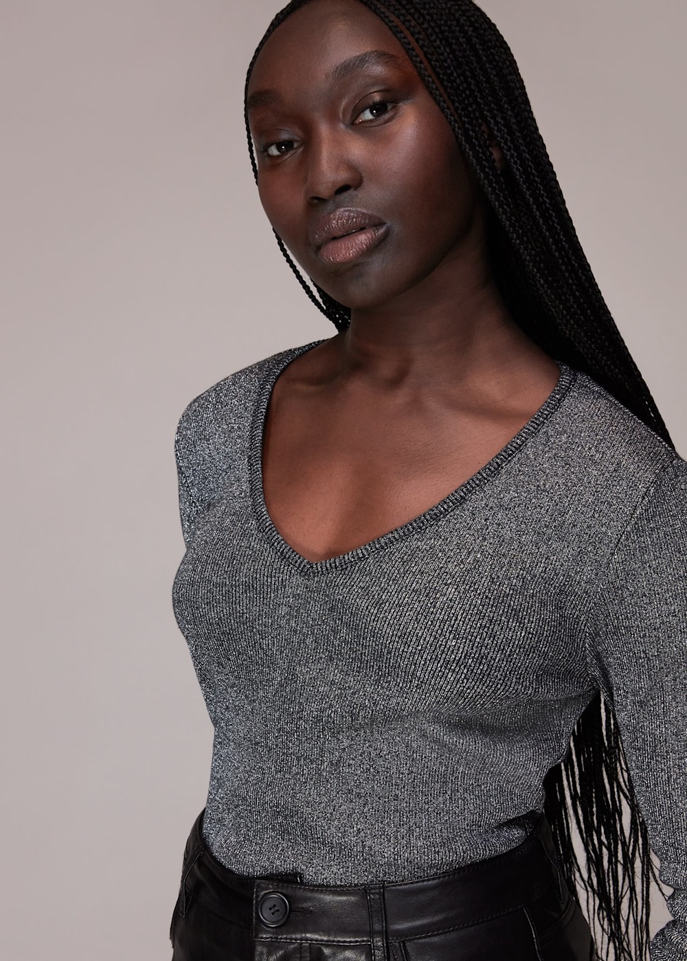Black Long Sleeve Sparkle V Neck Top WHISTLES Whistles UK