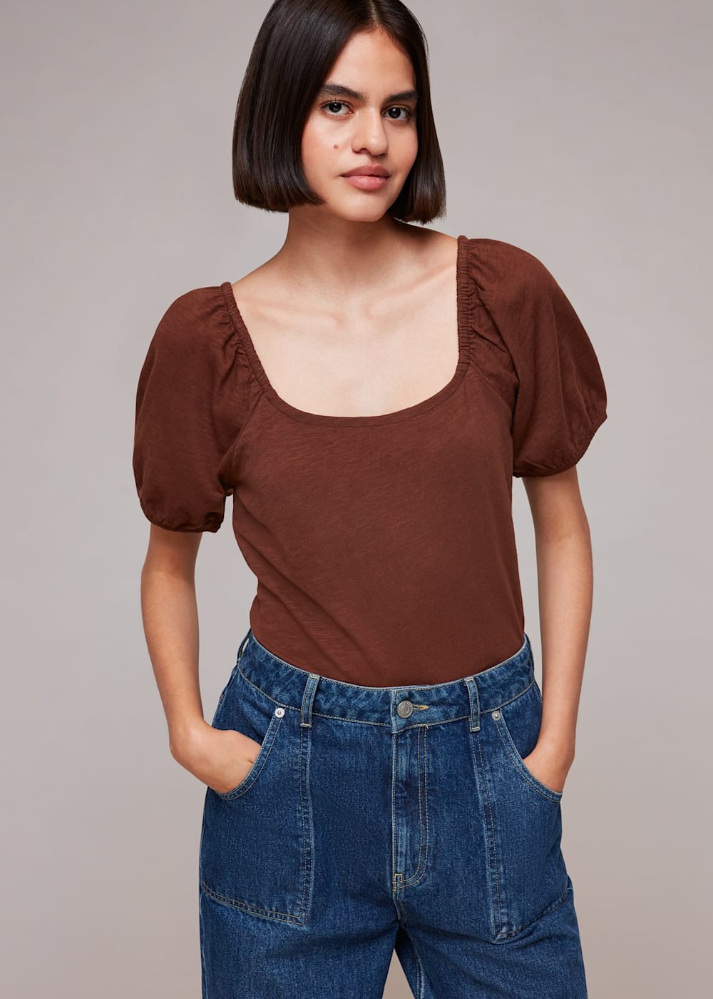 Brown Square Neck Puff Sleeve Top WHISTLES Whistles UK