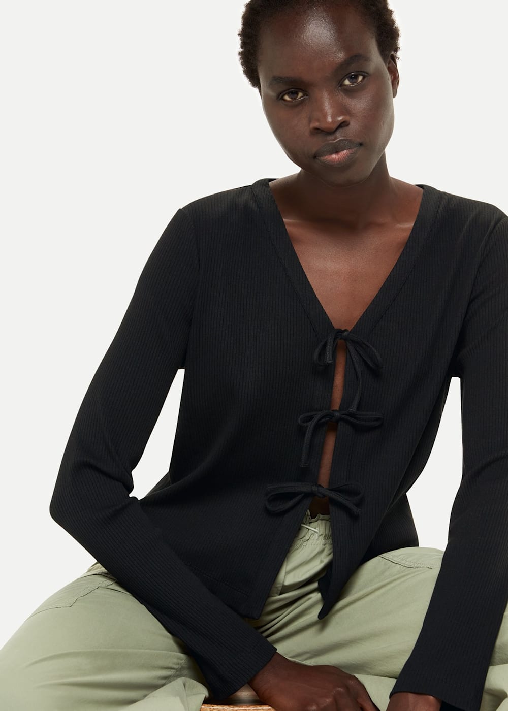 Black Tie Front Ribbed Cardigan WHISTLES Whistles UK
