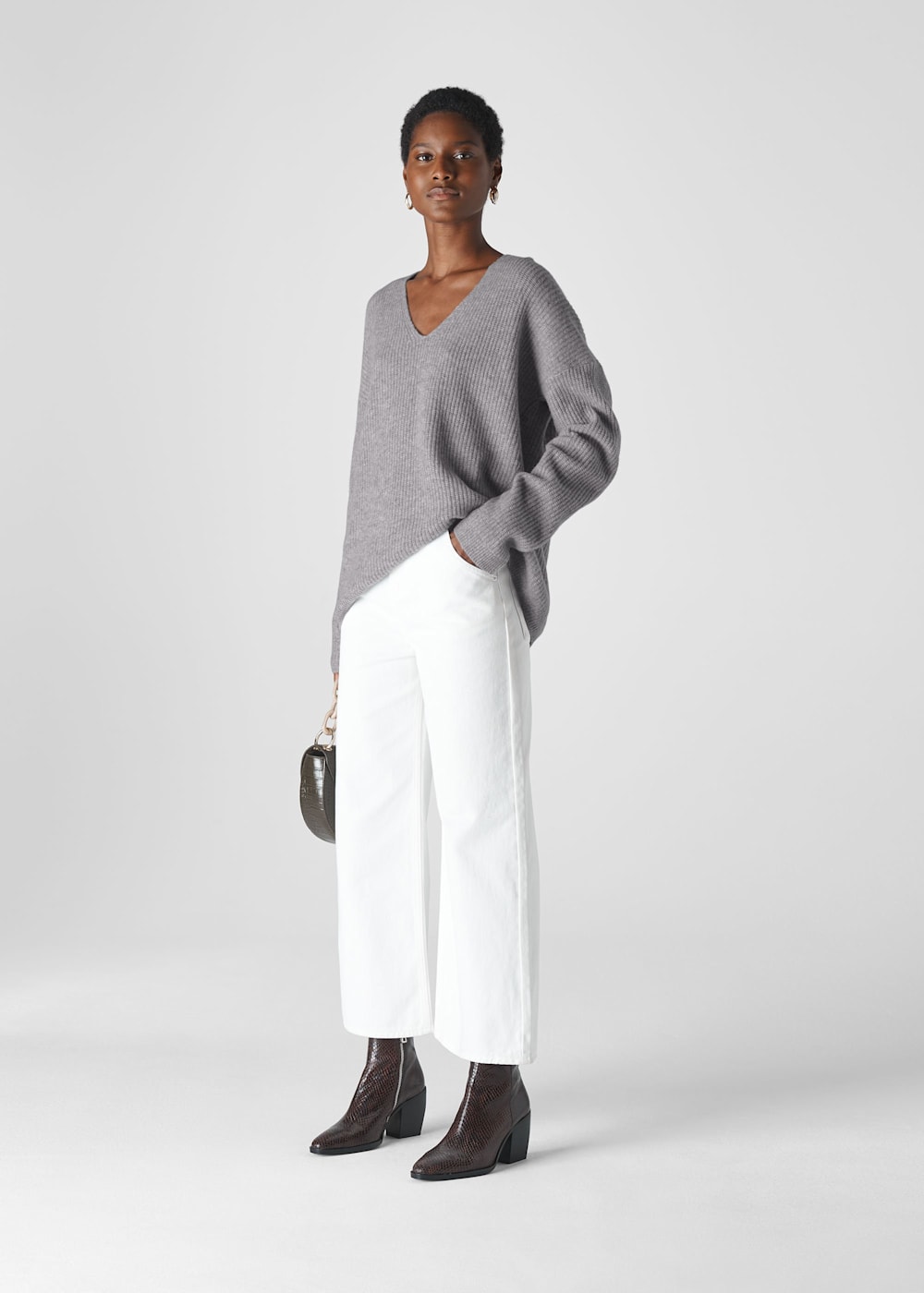 Women's Grey V Neck Rib Wool Sweater | Whistles US |