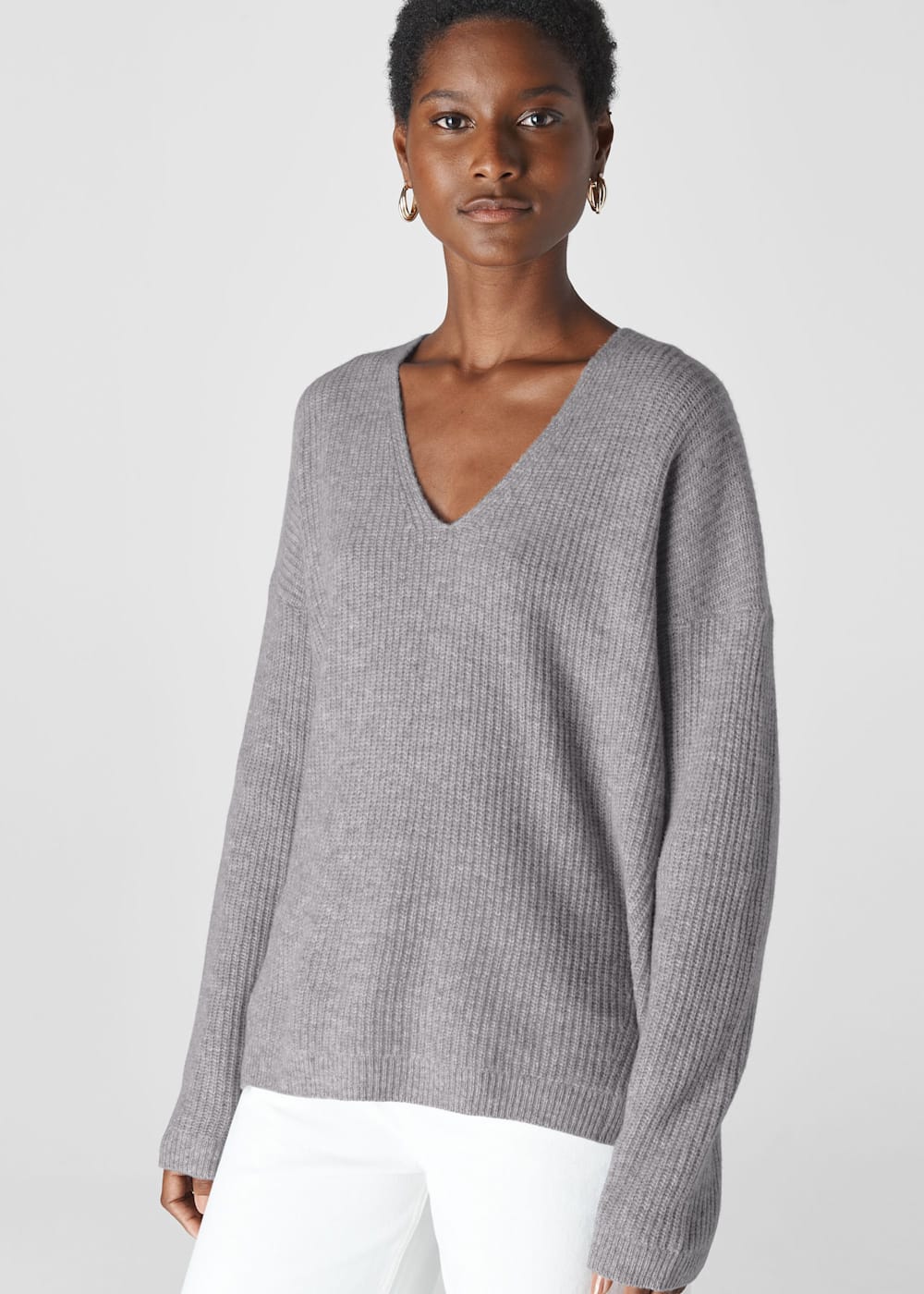 Women s Grey V Neck Rib Wool Sweater Whistles US