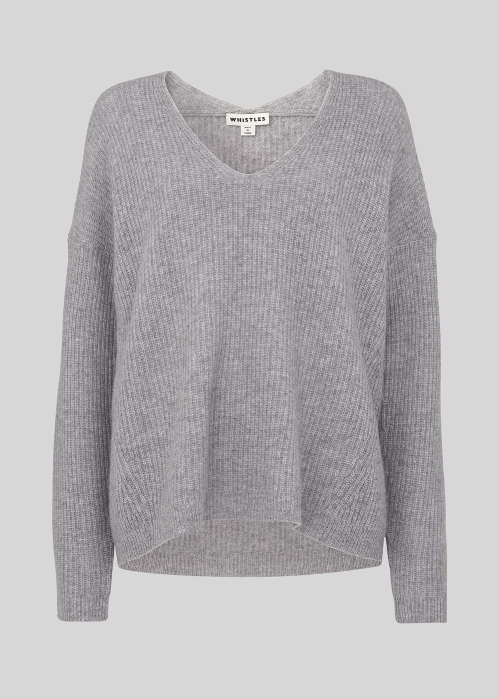 Women's Grey V Neck Rib Wool Sweater | Whistles US |
