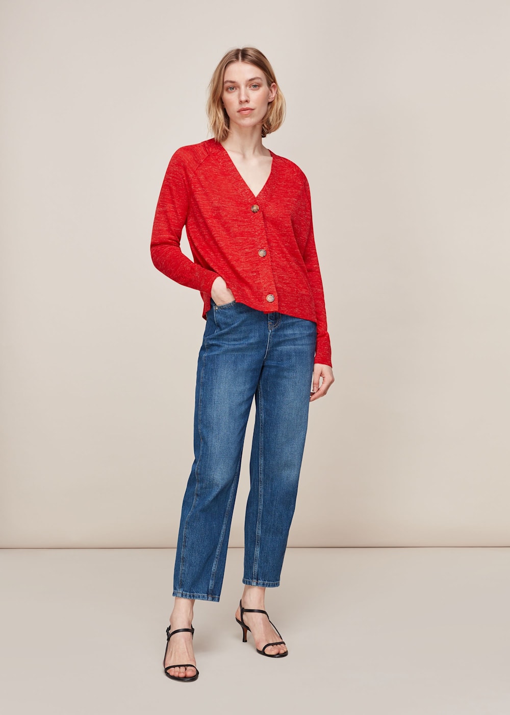 Red linen cardigan deals