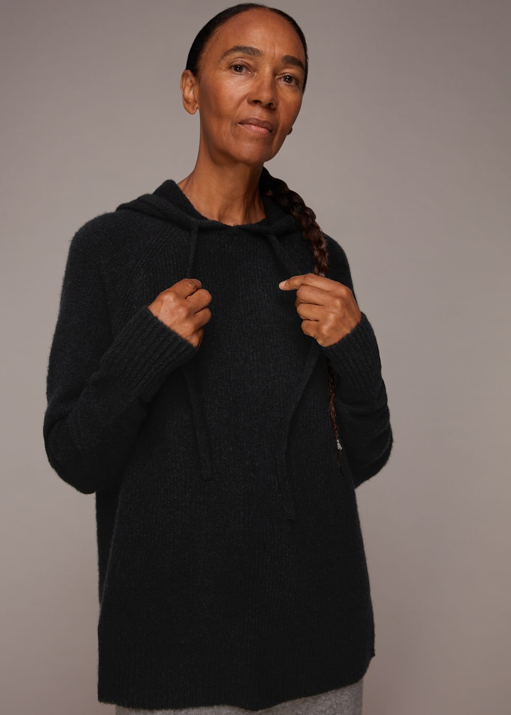 Knitted black hoodie sales