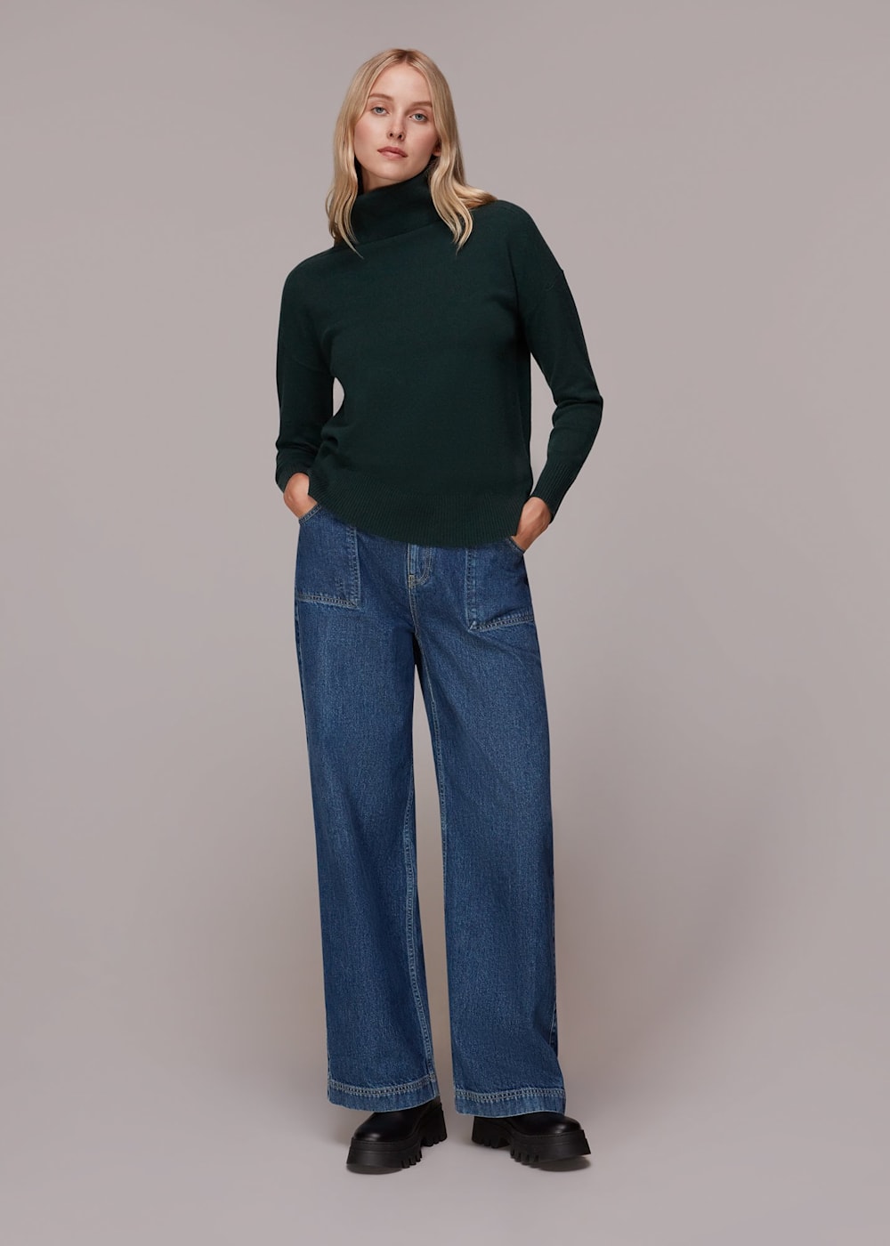 Dark Green Cashmere Roll Neck Jumper WHISTLES Whistles UK