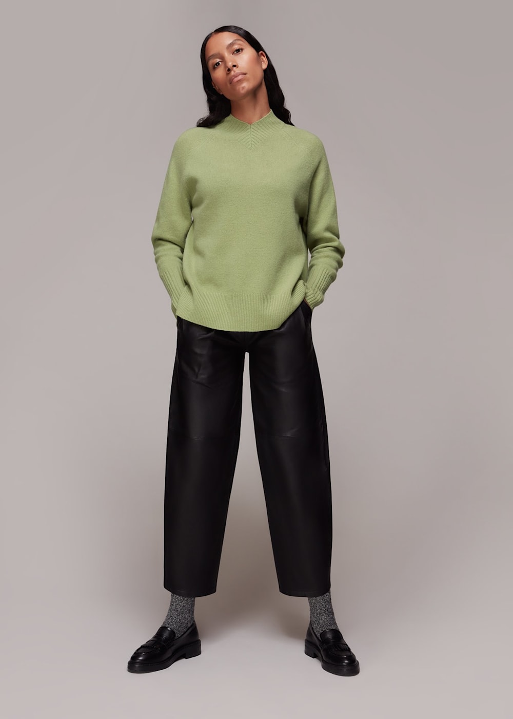 Pale Green High V Neck Knit | WHISTLES | Whistles US |