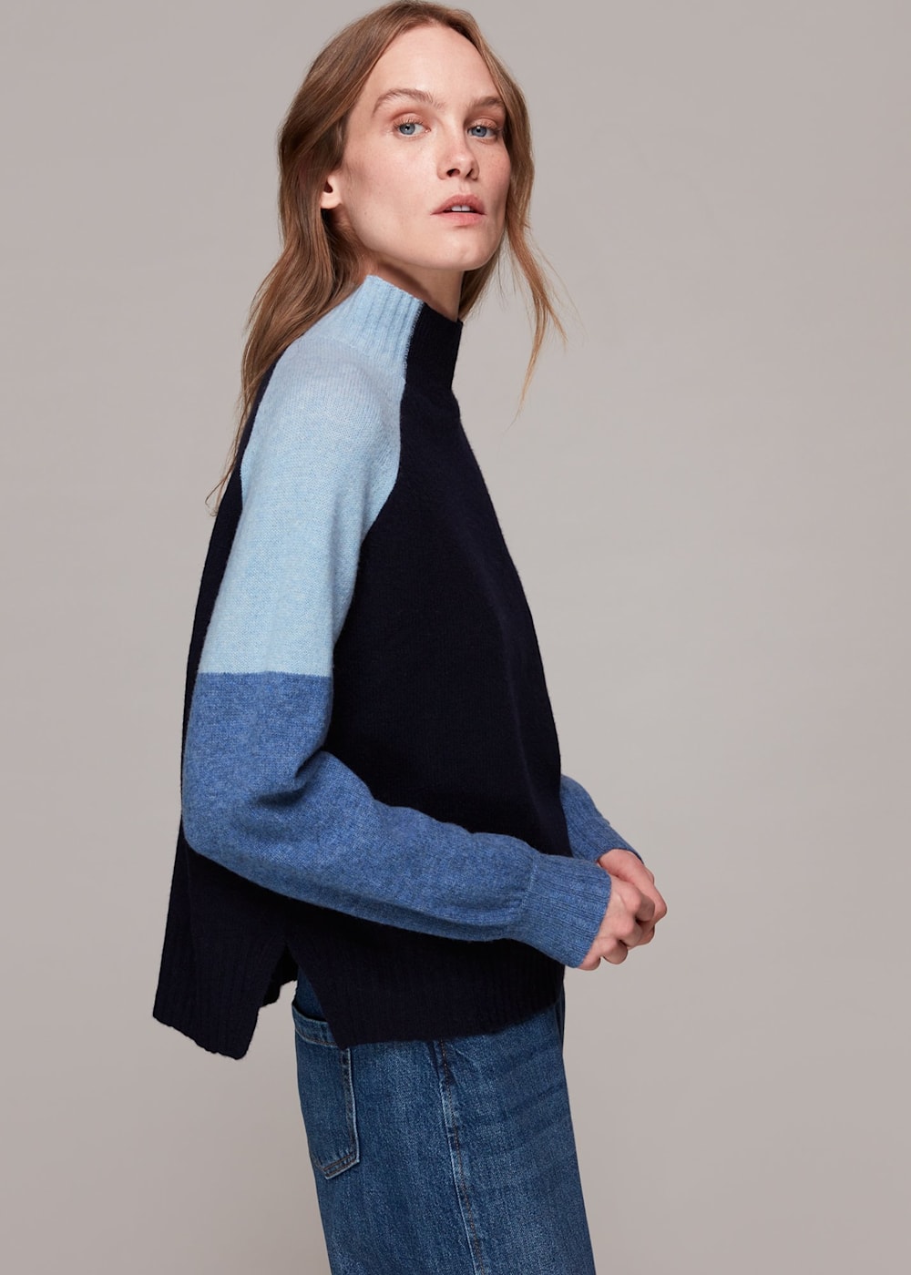Blue Colour Block Merino Jumper WHISTLES Whistles UK