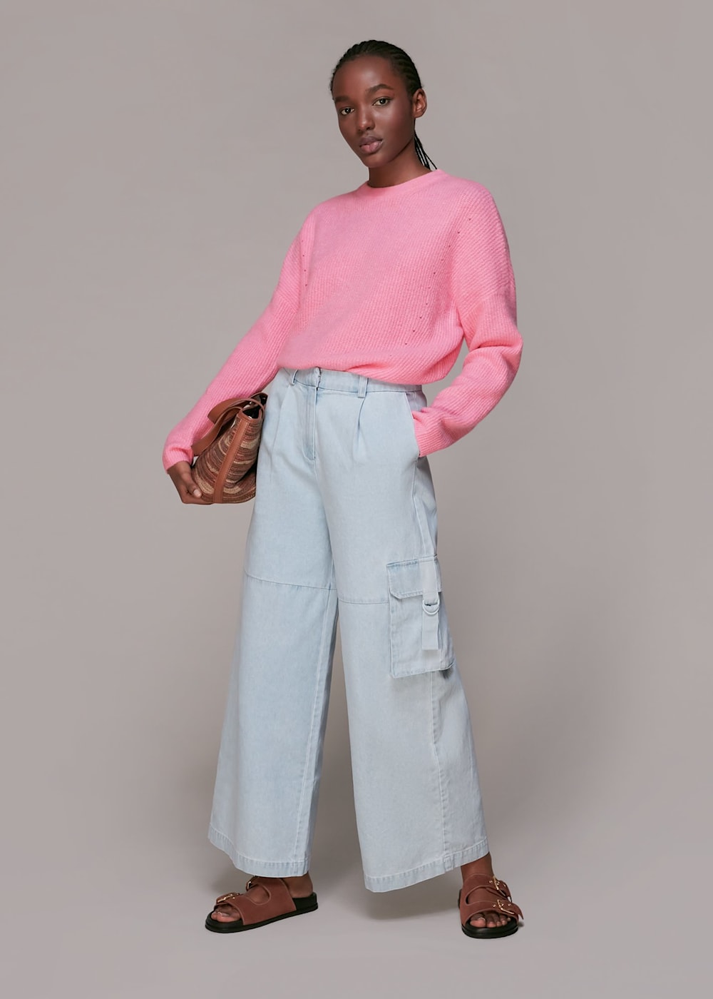 Pink Ribbed Crew Neck Jumper WHISTLES Whistles ROW