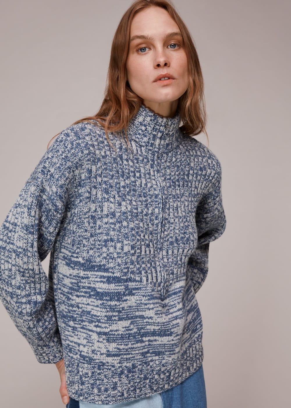 Blue Zip Neck Rib Detail Sweater WHISTLES Whistles UK