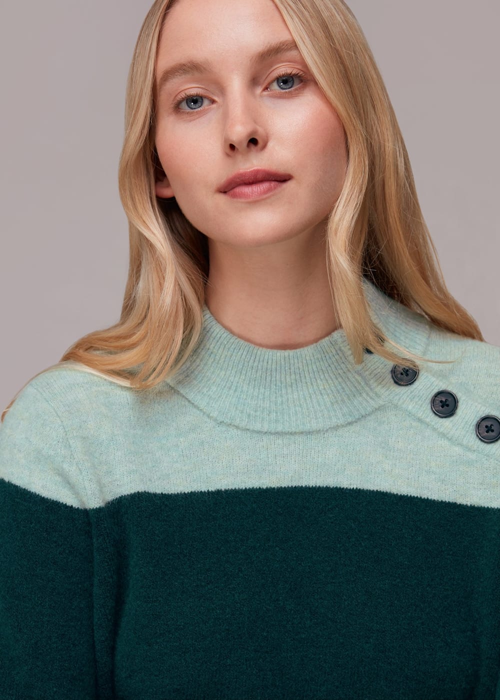 Green Multi Stripe Button Neck Jumper WHISTLES Whistles UK
