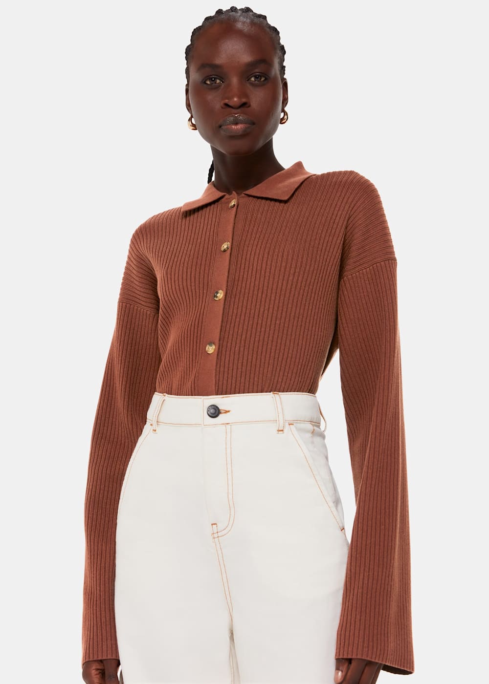 Brown Rib Collar Cardigan WHISTLES Whistles UK