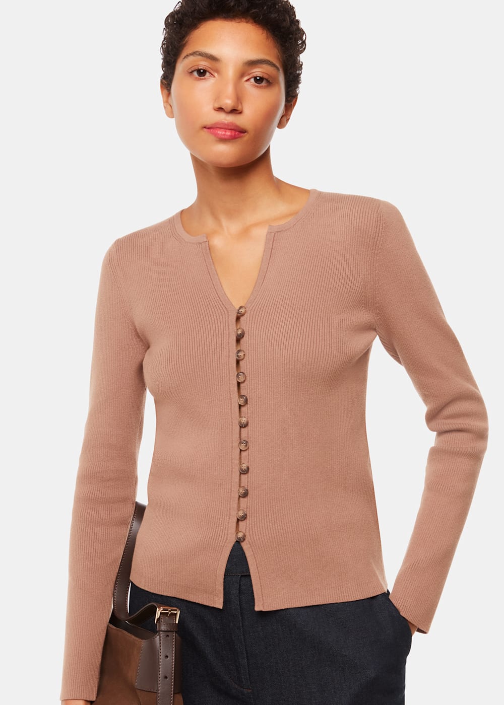 Neutral Ribbed Button Through Cardigan WHISTLES Whistles UK