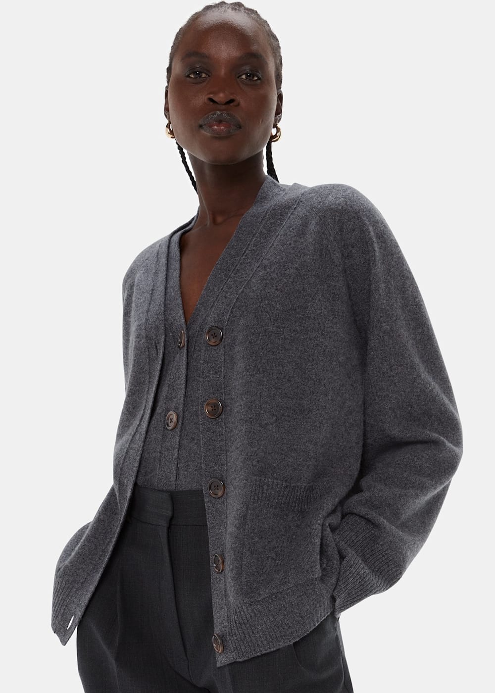 Dark Grey Wool Relaxed Pocket Cardigan | WHISTLES | Whistles Dark Grey Wool Relaxed Pocket Cardigan | WHISTLES | Whistles