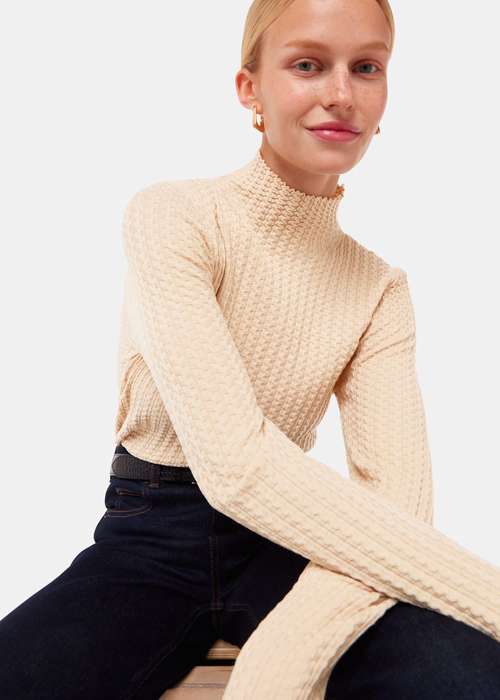 Women s Ivory Textured Detail High Neck Sweater Whistles US