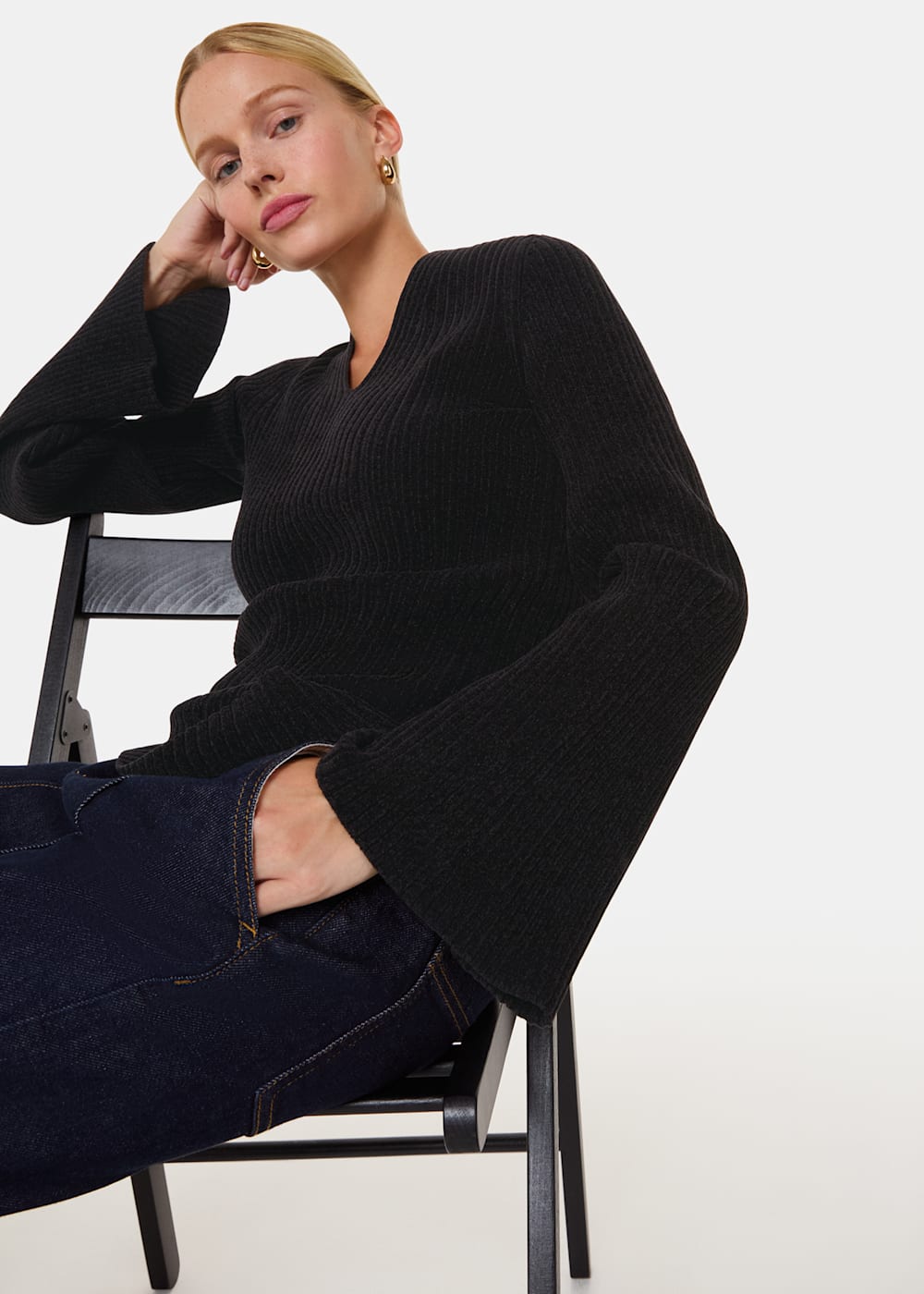 Women s Black Chenille V Neck Sweater Whistles US