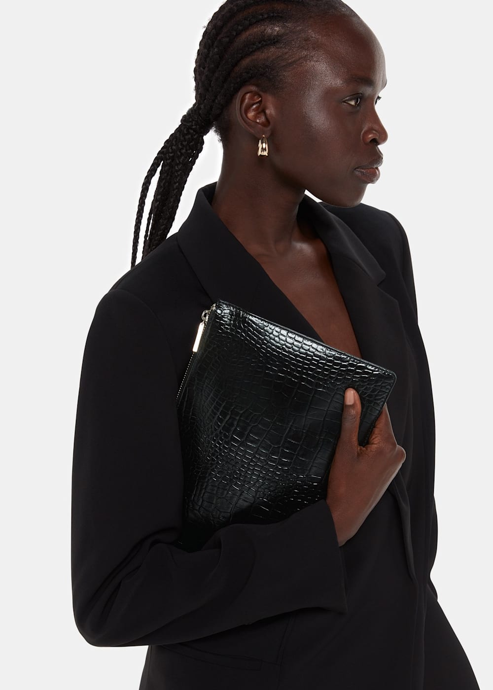 Black Shiny Croc Medium Clutch WHISTLES Whistles UK