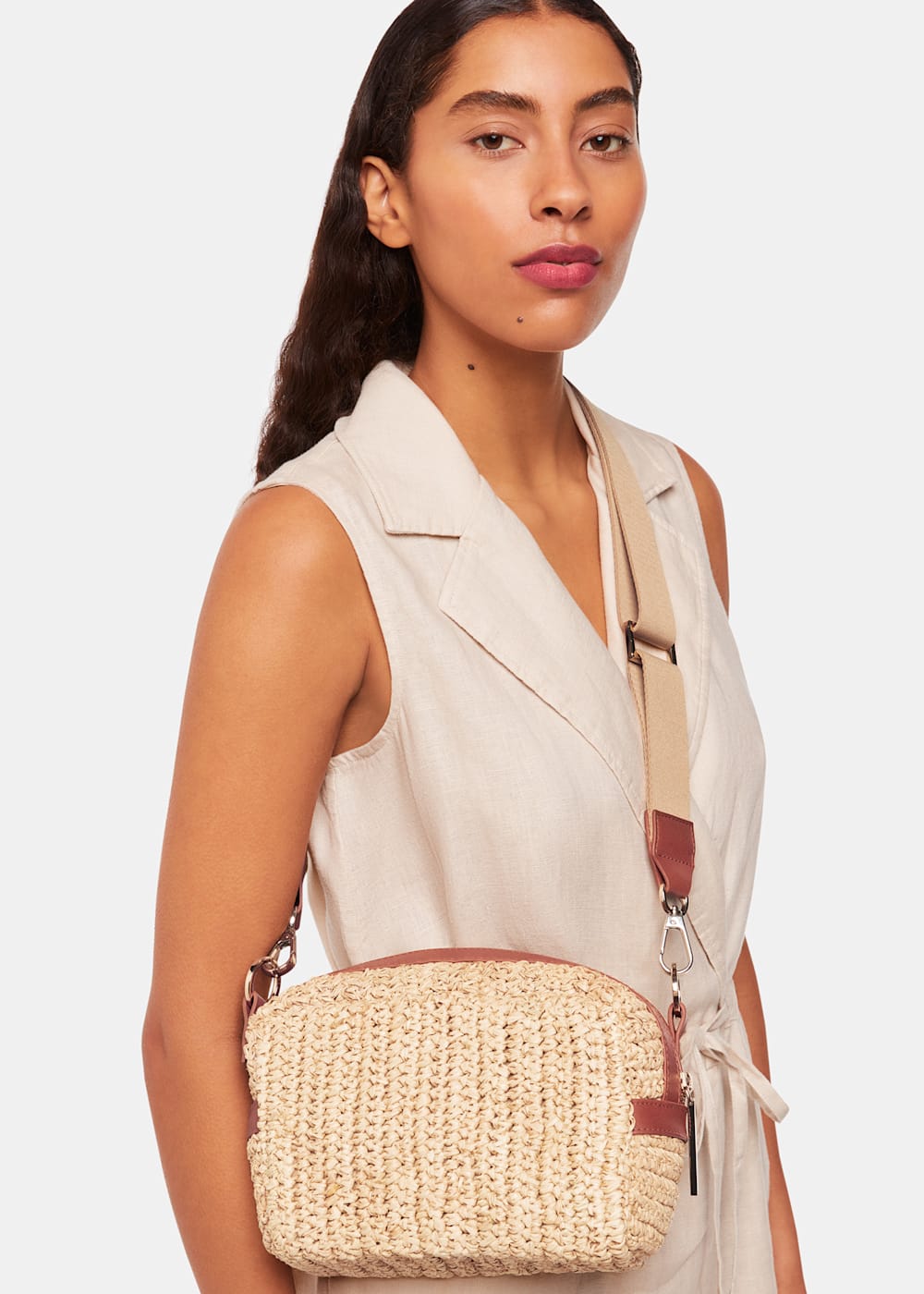 Neutral Straw Bibi Crossbody Bag WHISTLES Whistles ROW