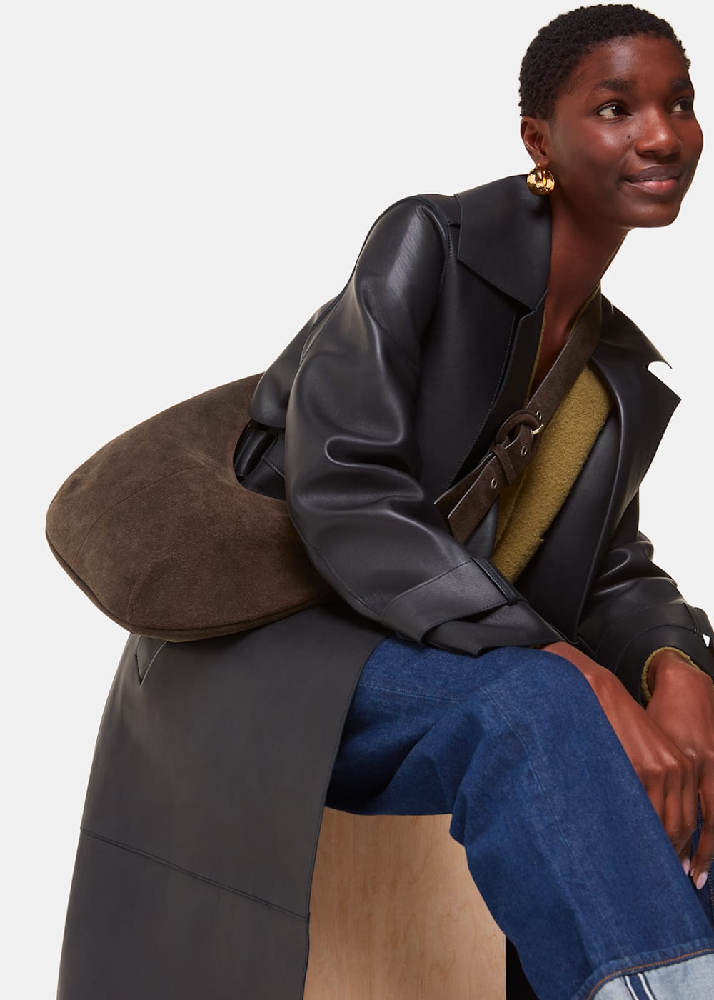 Chocolate Sia Suede Curved Crossbody Bag WHISTLES Whistles UK