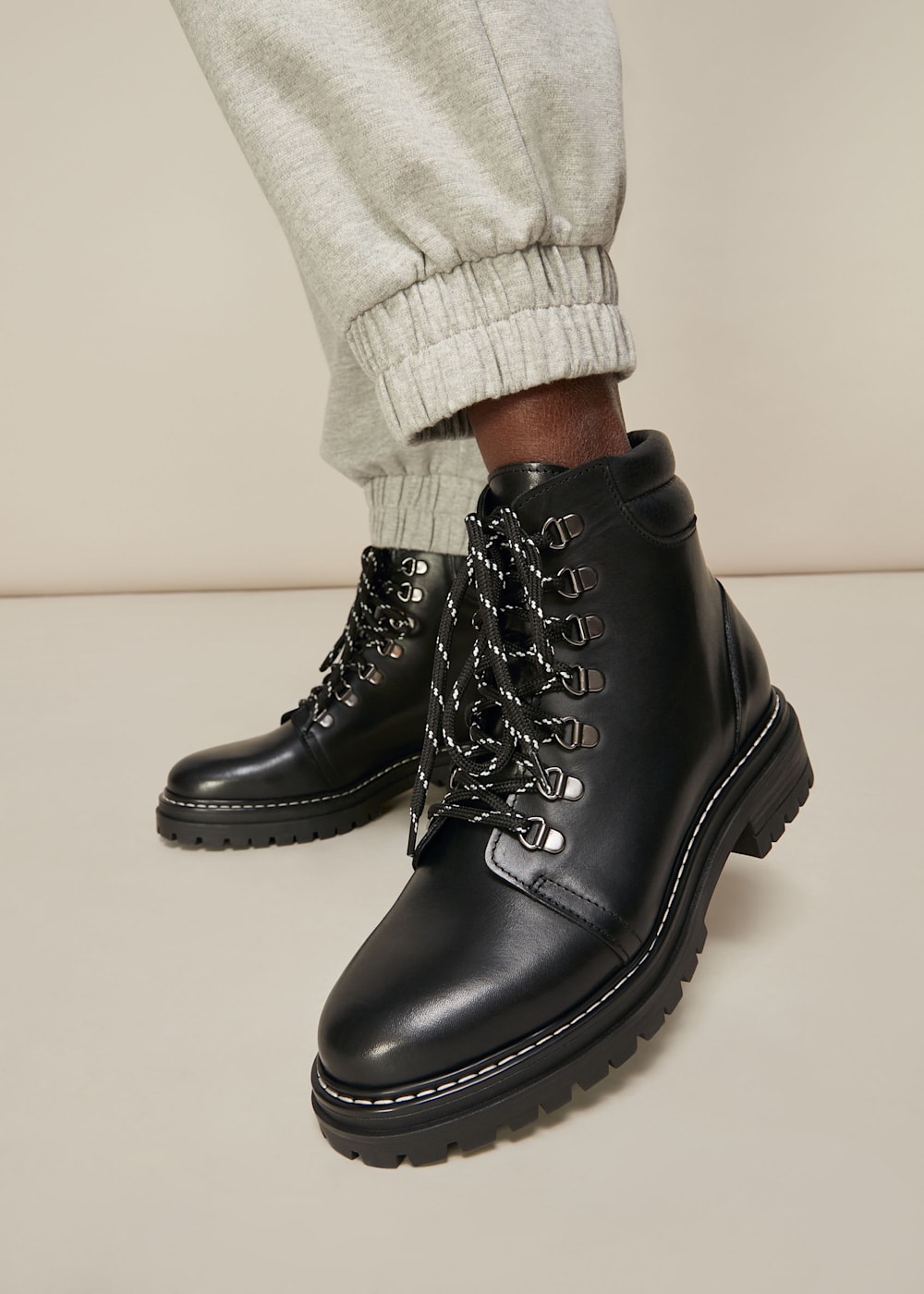 Black contrast cuff lace up hiker boots clearance
