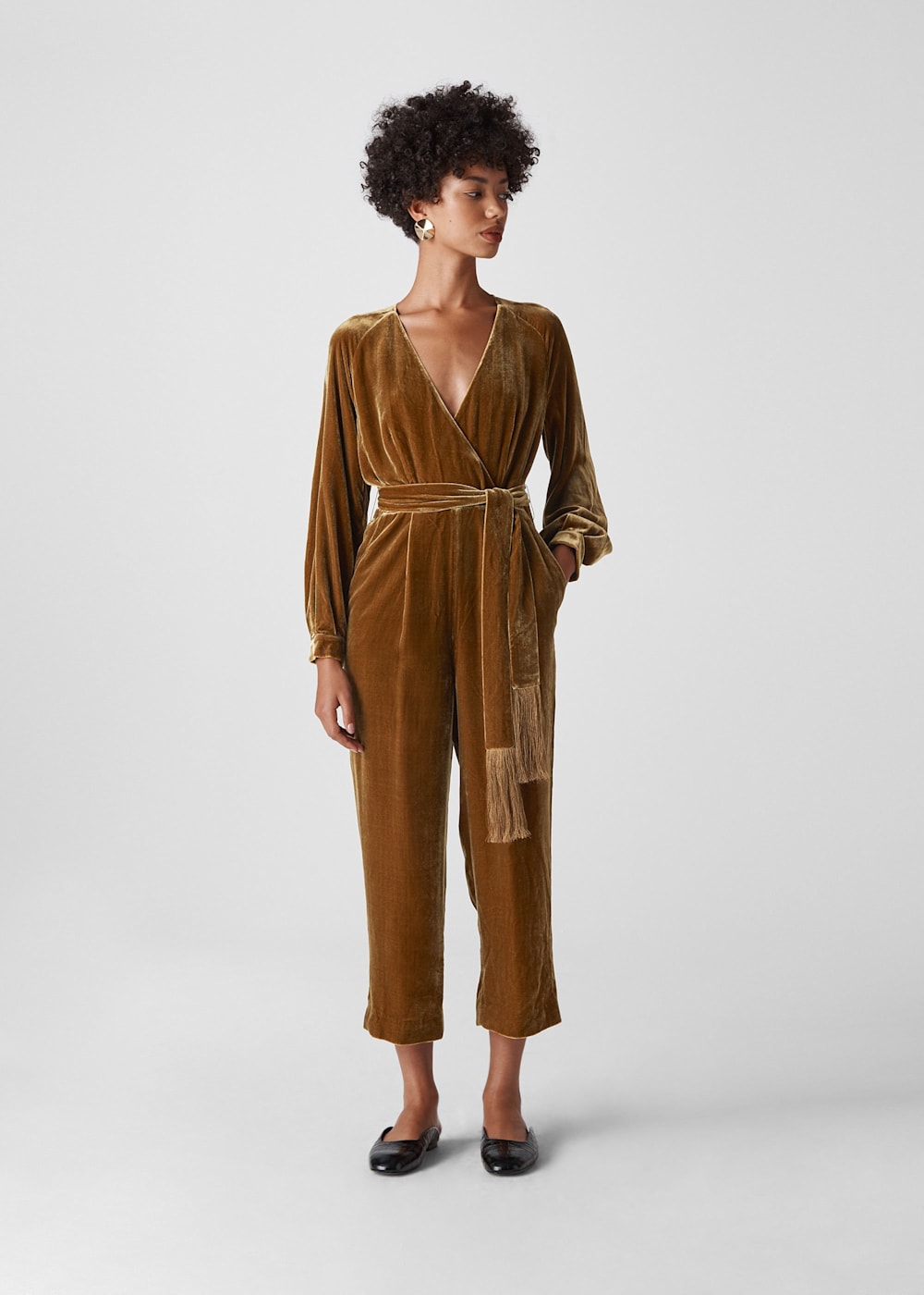 Gold Thea Wrap Velvet Jumpsuit WHISTLES Whistles ROW
