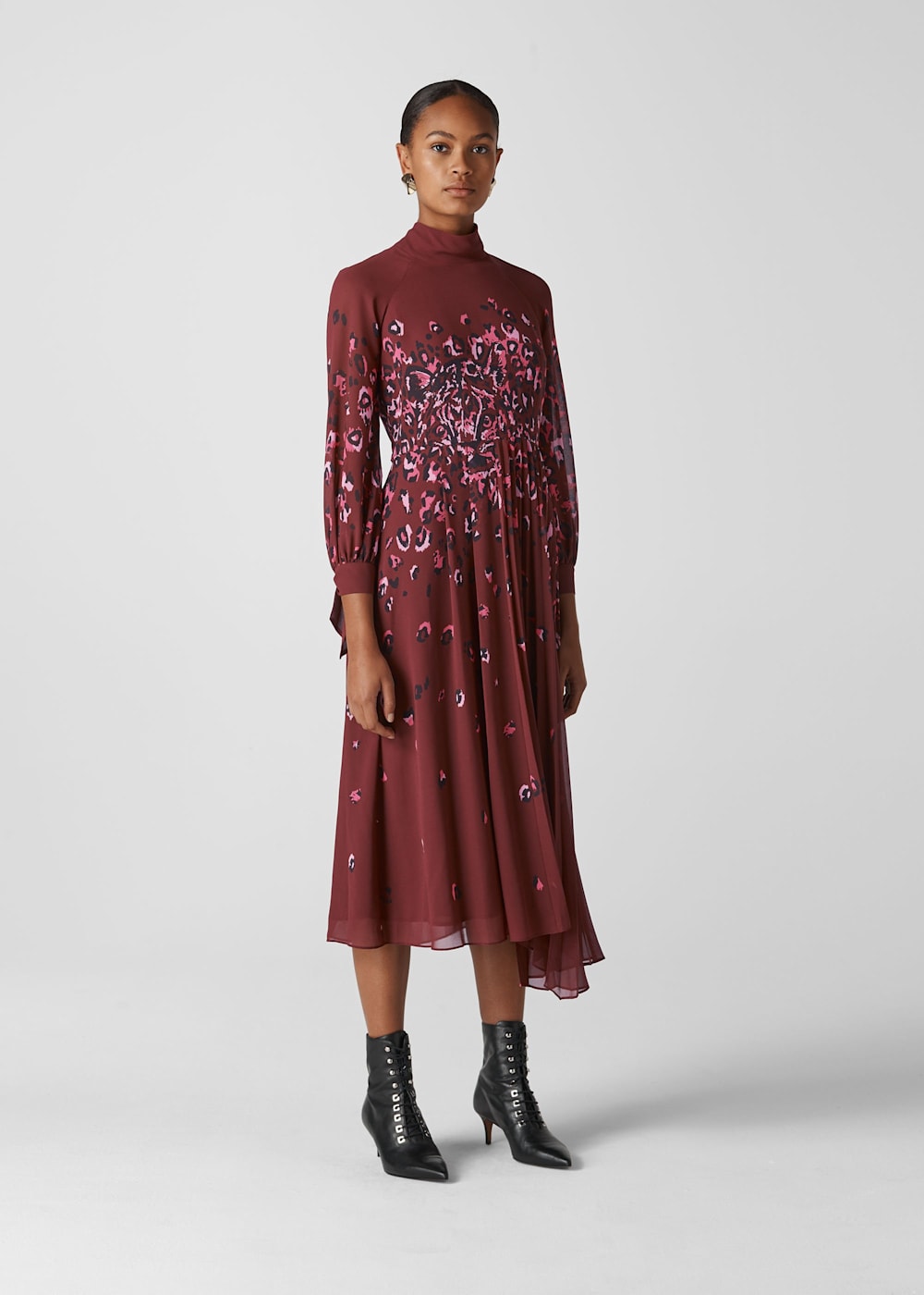 Burgundy Leo Print Pleated Dress WHISTLES Whistles UK