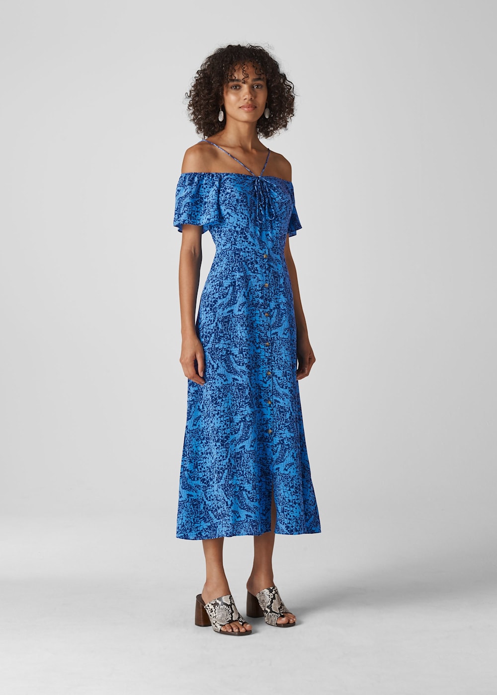 Blue Multi Bardot Snake Print Silk Dress WHISTLES Whistles UK