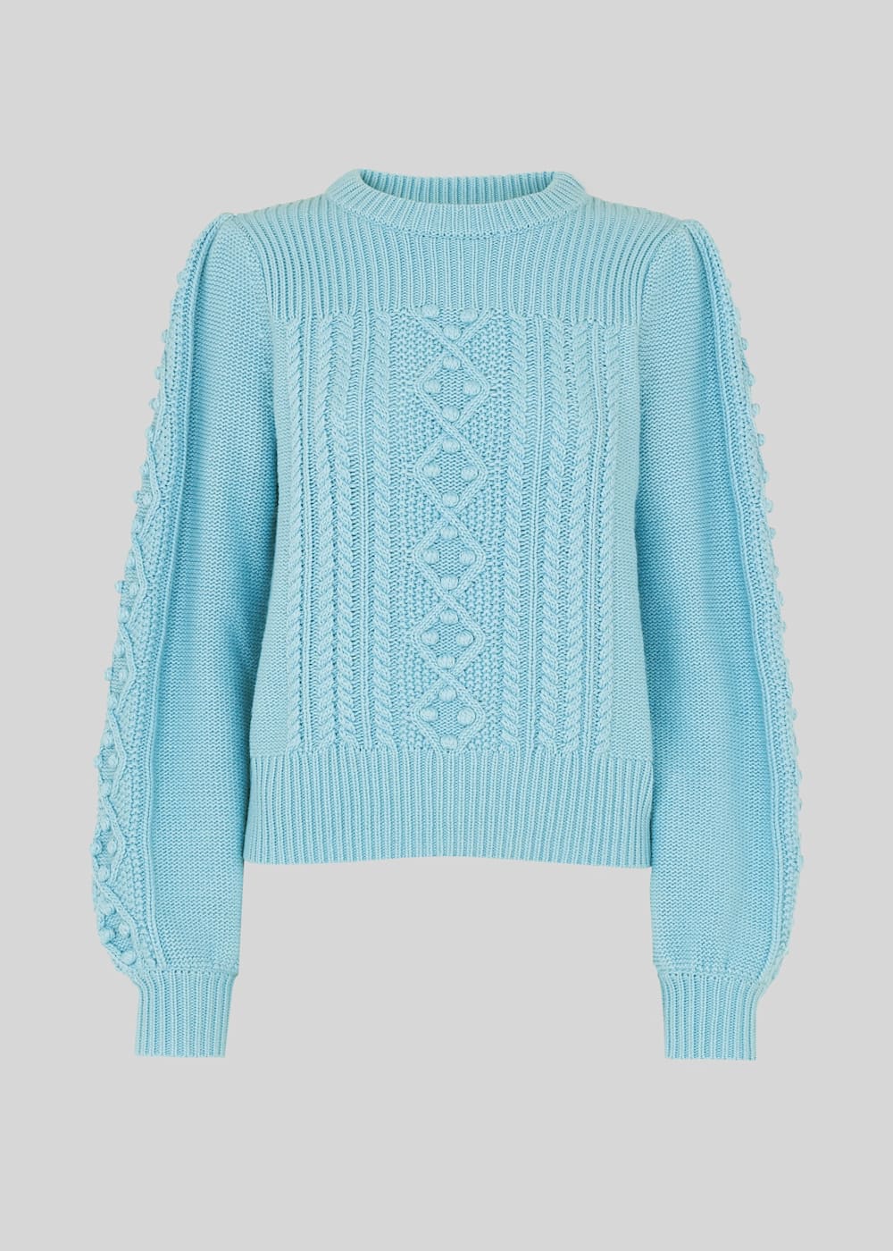 Blue Puff Sleeve Cable Sweater