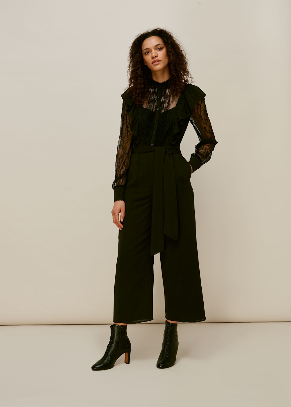 Black Mixed Lace Frill Jumpsuit WHISTLES Whistles UK