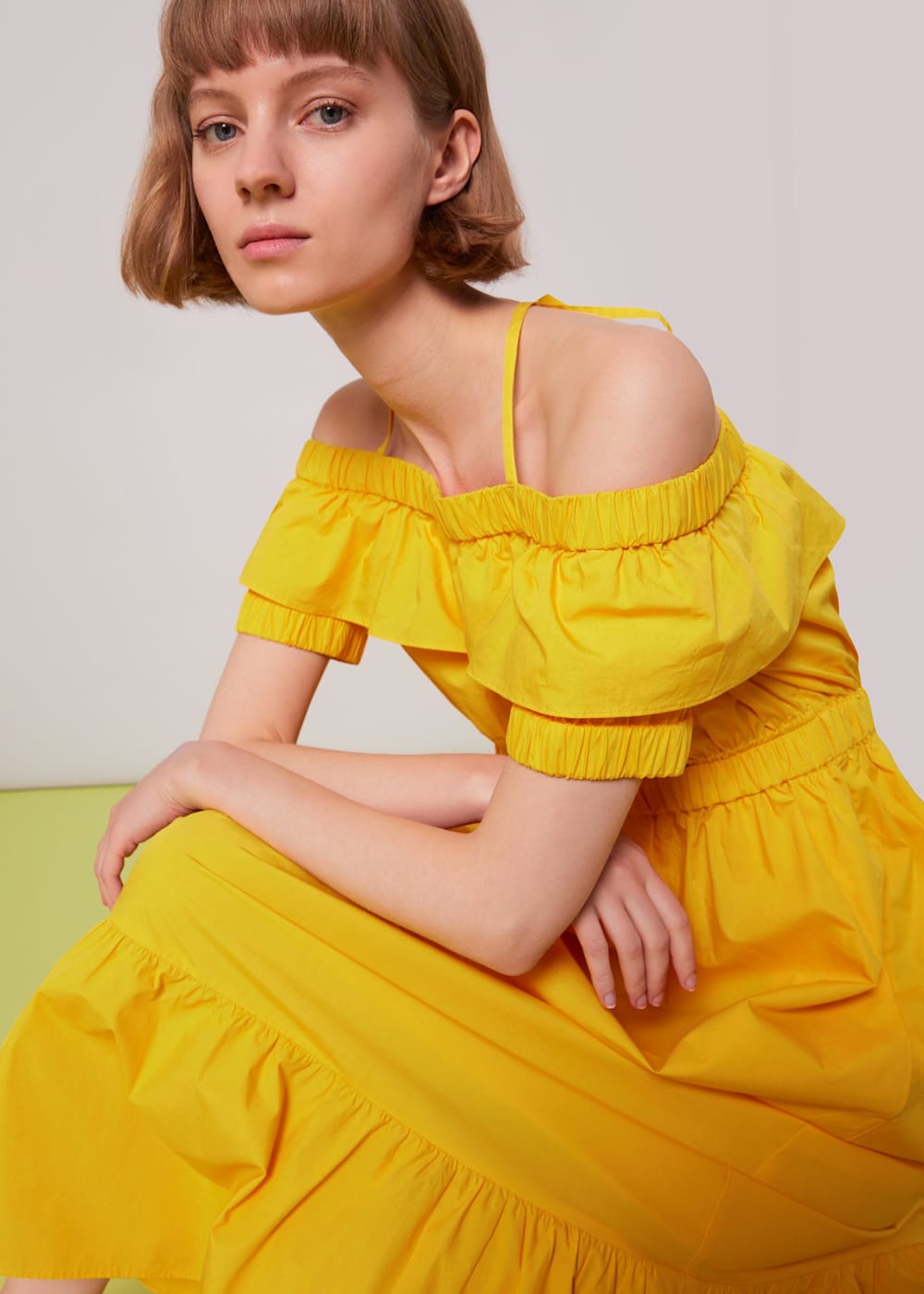 whistles serena poplin bardot dress yellow Whistles US