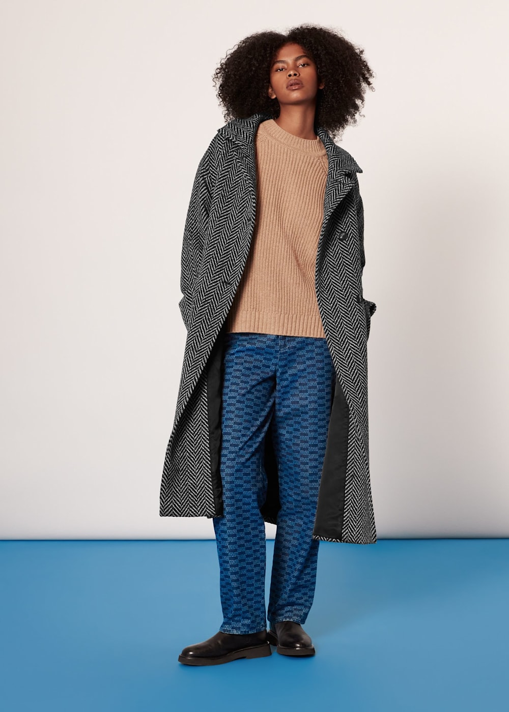 Black White Herringbone Funnel Neck Coat WHISTLES Whistles UK